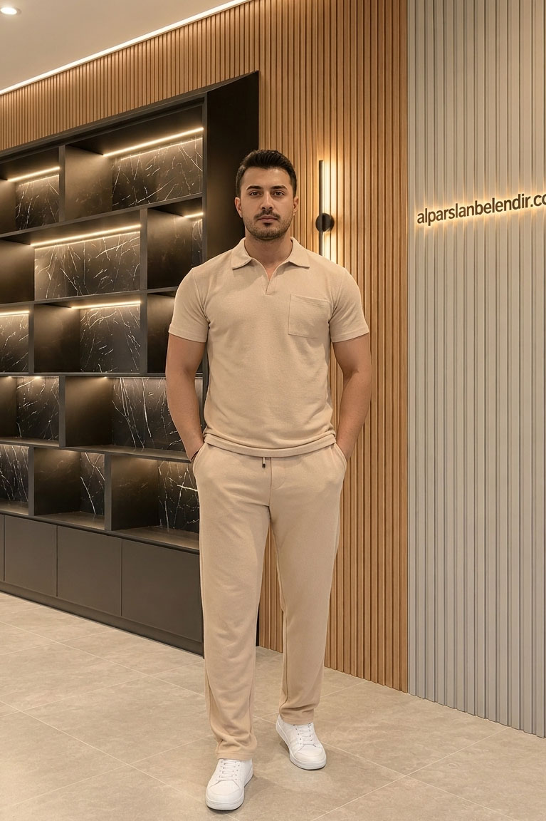 Zra Krep Likralı Erkek İkili Takım Bej