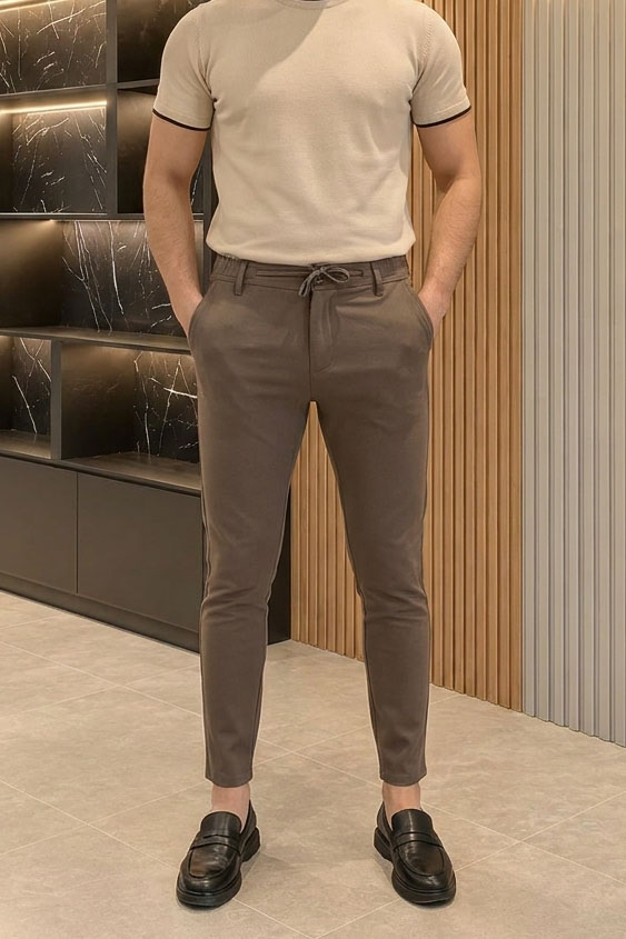 Dokuma Beli Lastikli Erkek Jogger Pantolon Vizon