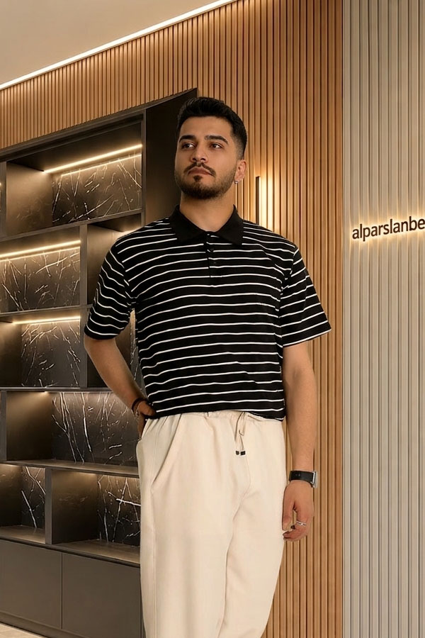 Süprem Çizgili Polo Yaka Erkek Tişört Siyahbeyaz