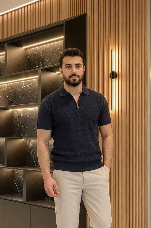 Polo Yaka Fermuarlı Kısa Kollu Erkek Triko Lacivert