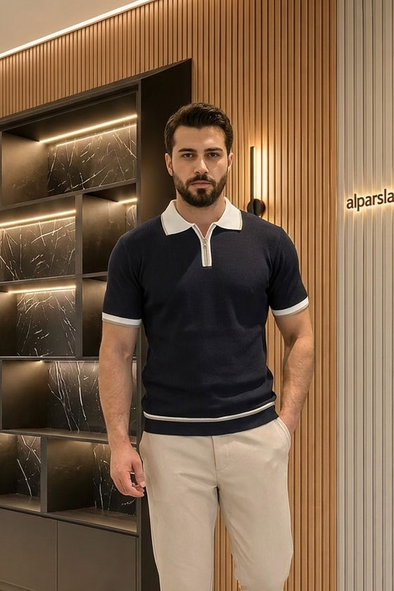 Polo Yaka Fermuarlı Kısa Kollu Erkek Triko Lacivert