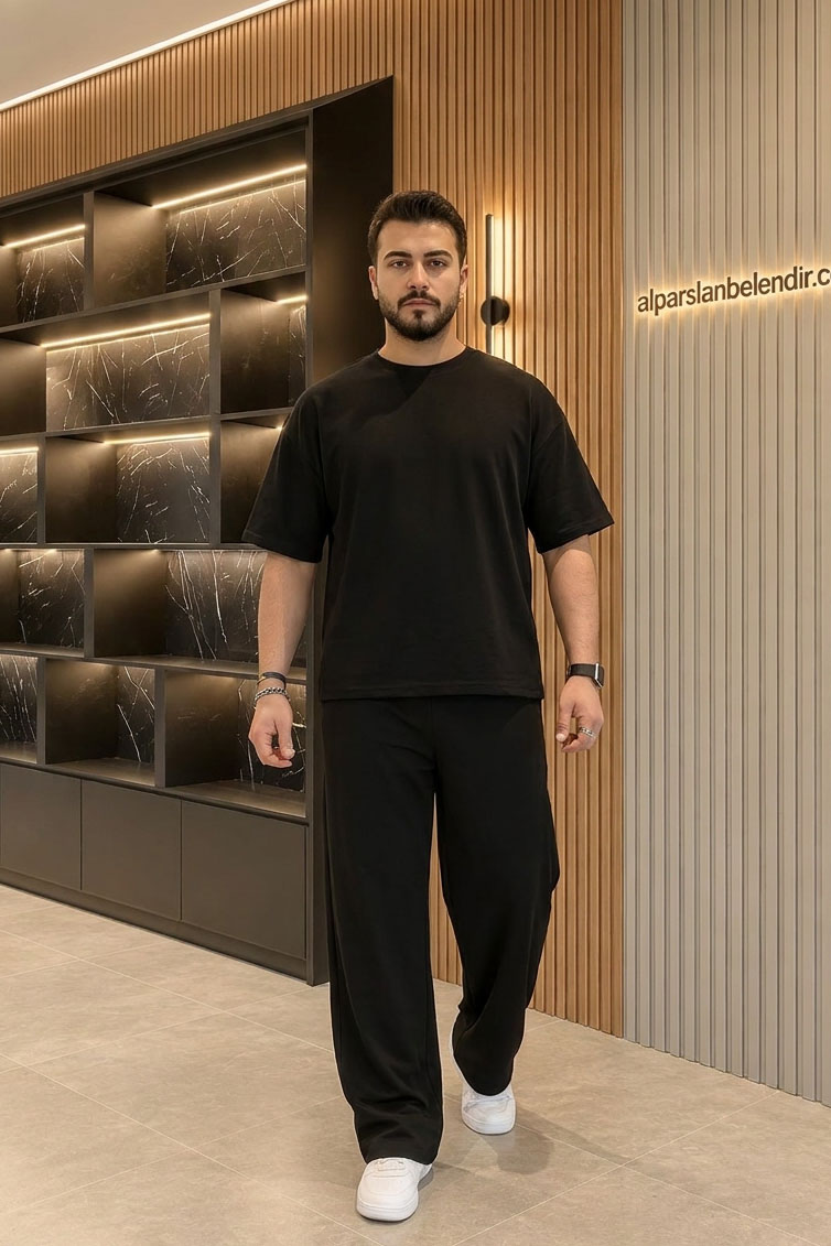 İki İplik Oversize Erkek Takım Siyah