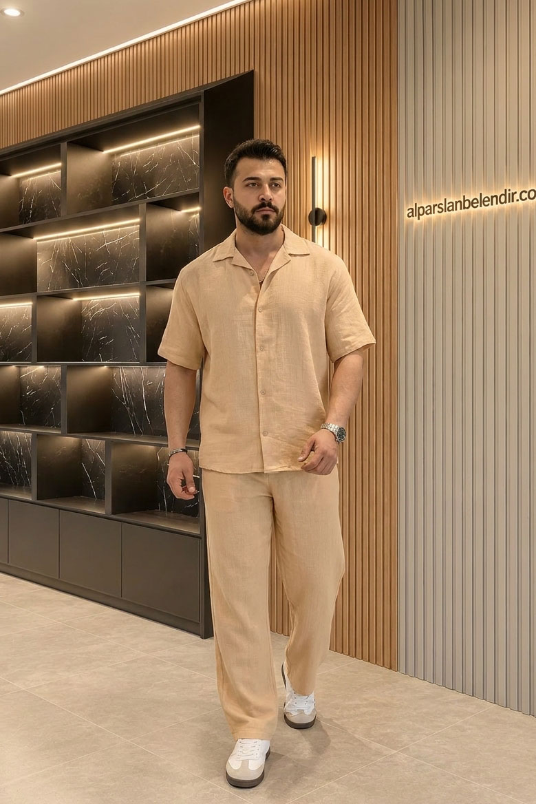 Oversize Müslin Gömlekli Takım Bej
