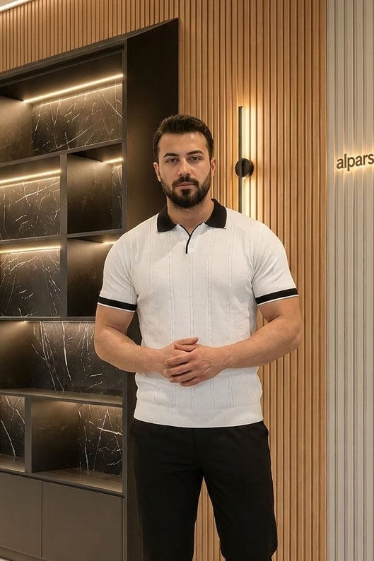 Yaka Düğmeli Kısa Kollu Erkek Triko Beyaz