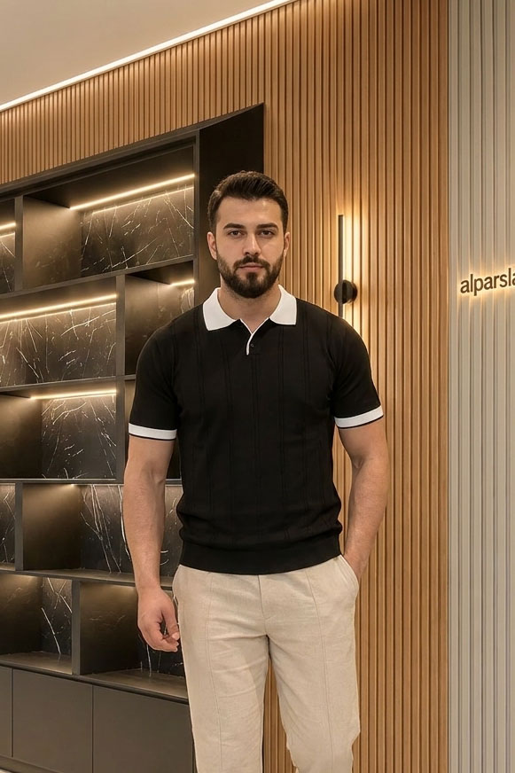 Yaka Düğmeli Kısa Kollu Erkek Triko Siyah