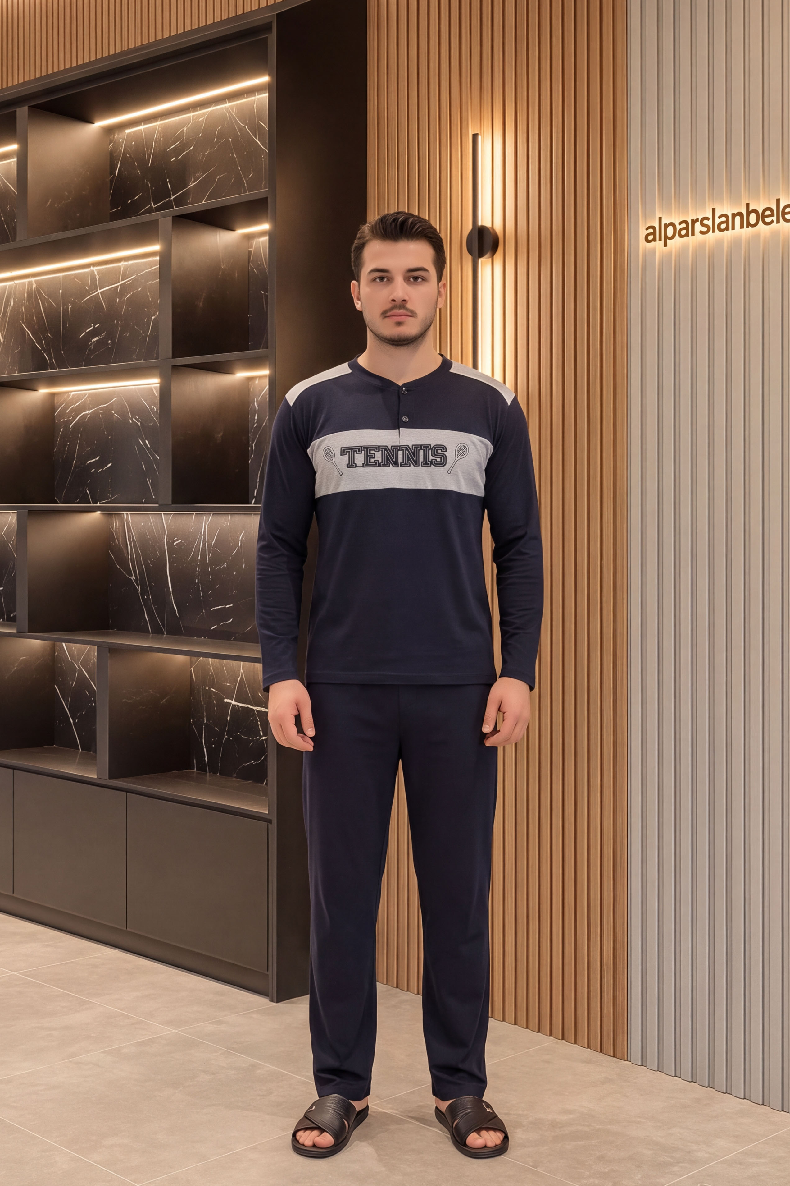 Süprem Patlı Garnili Erkek Pijama Takımı Lacivert