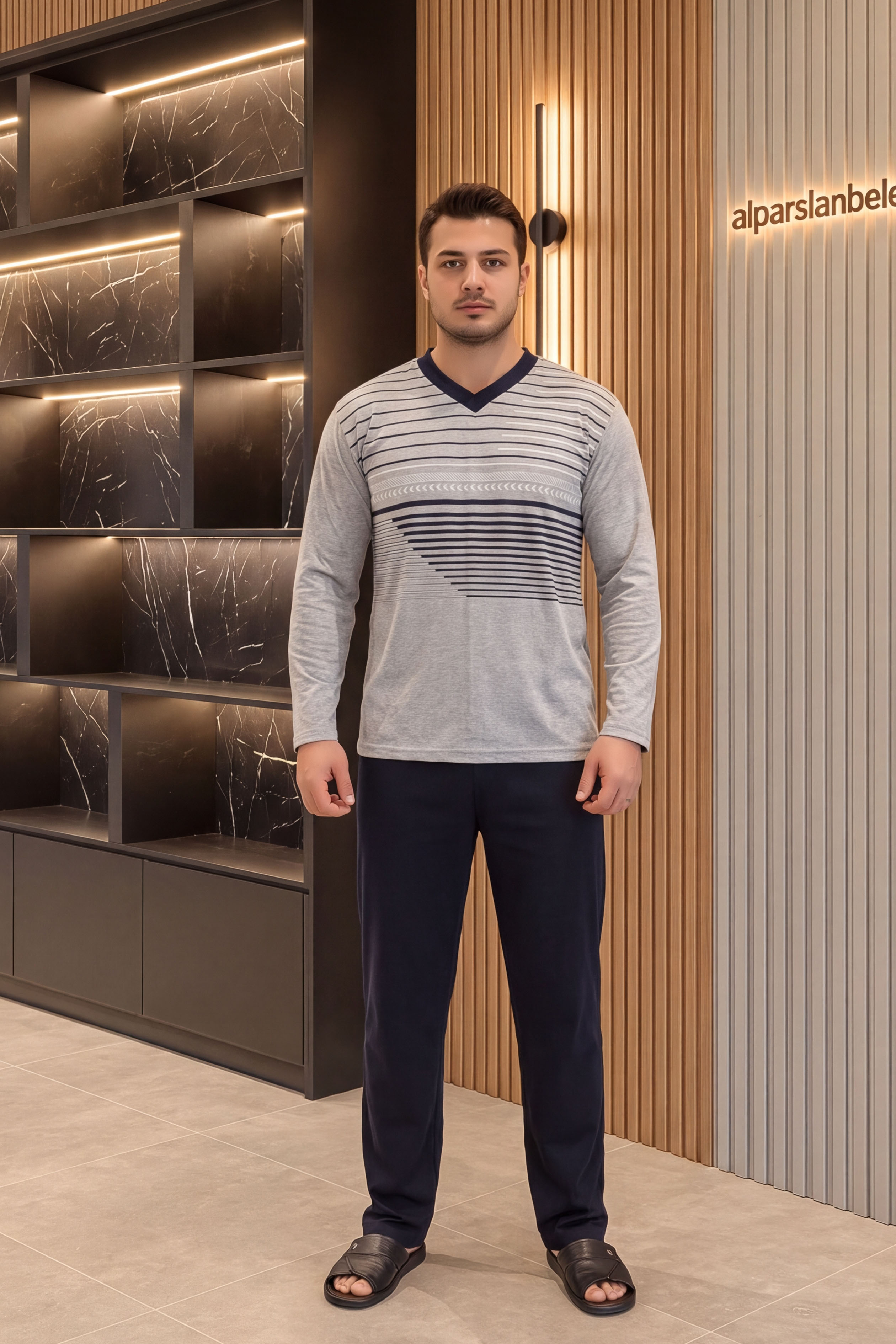 Süprem V Yaka Erkek Pijama Takımı Gri