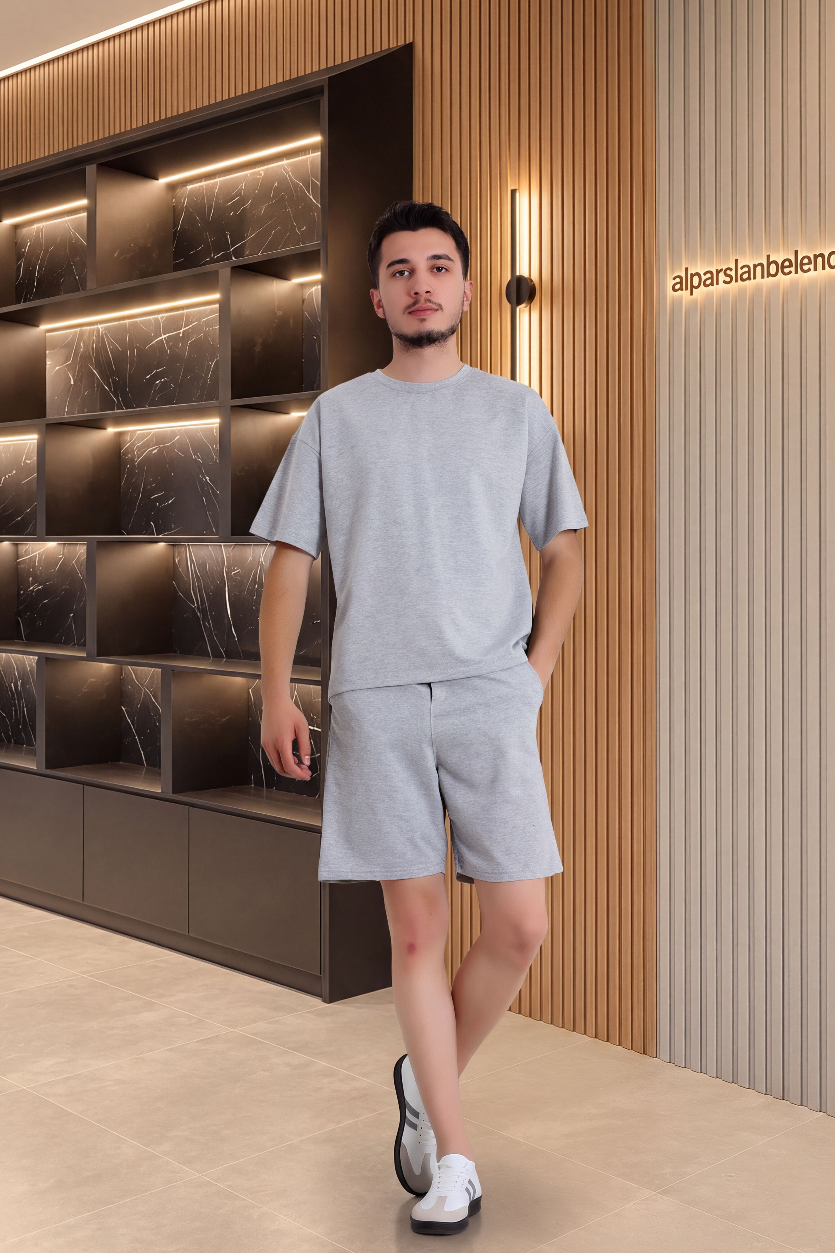 İki İplik Oversize Şortlu Erkek Takım Gri
