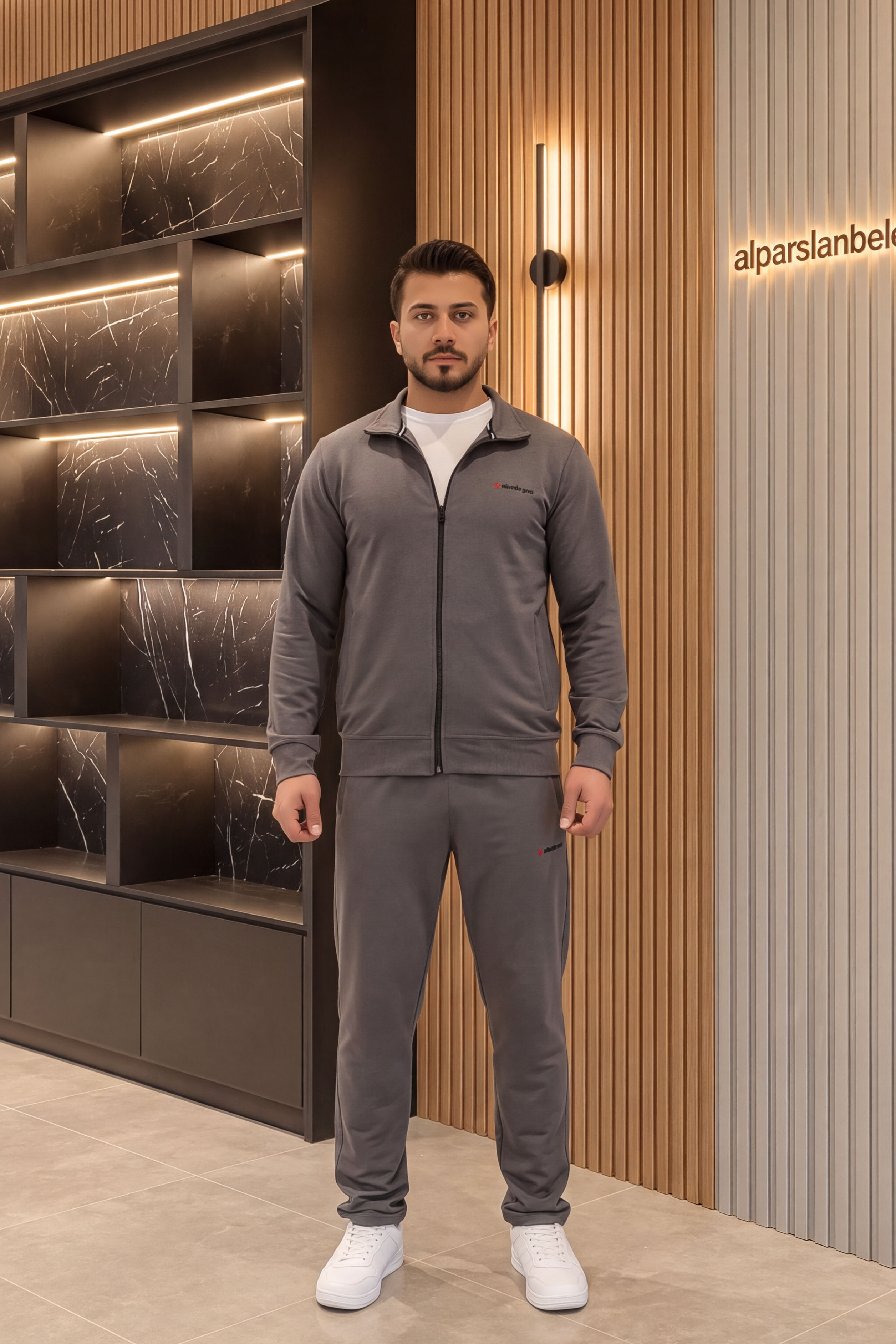 İki İplik Fermuarlı Dik Yaka Cepli Erkek Eşofman Takımı Antrasit