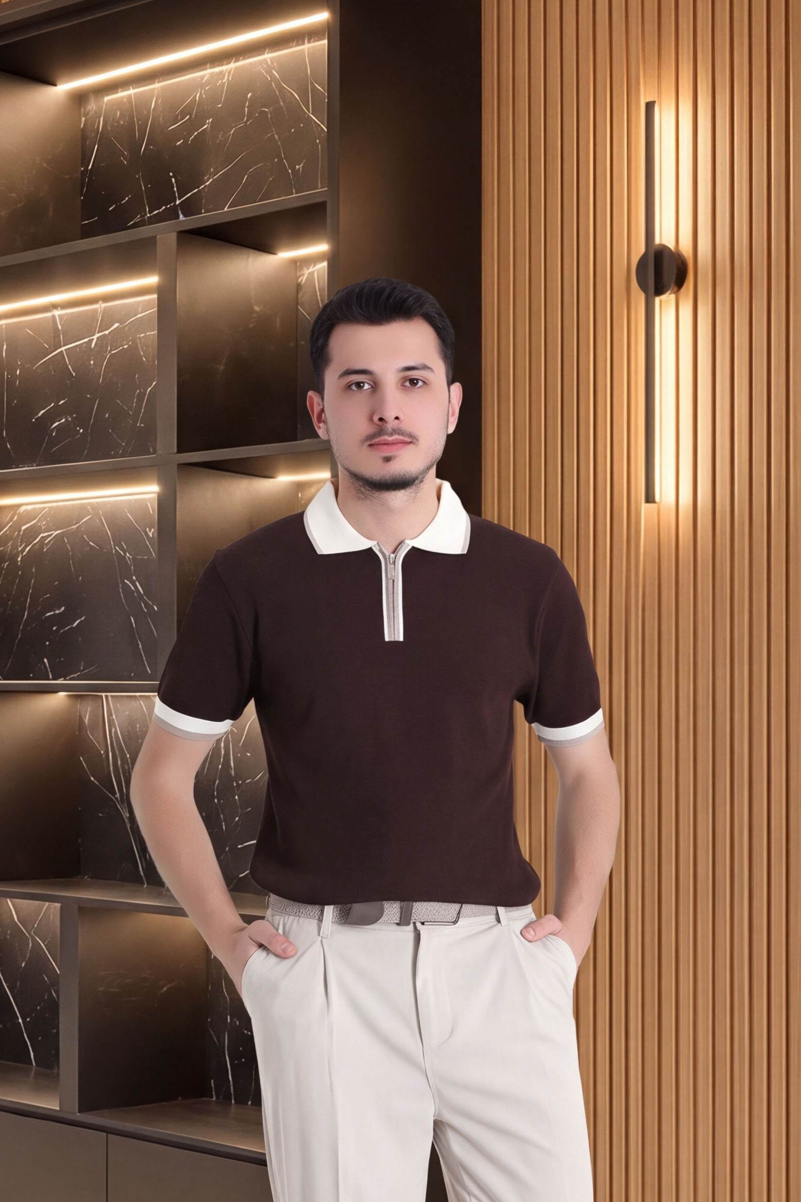 Polo Yaka Fermuarlı Kısa Kollu Erkek Triko Kahve