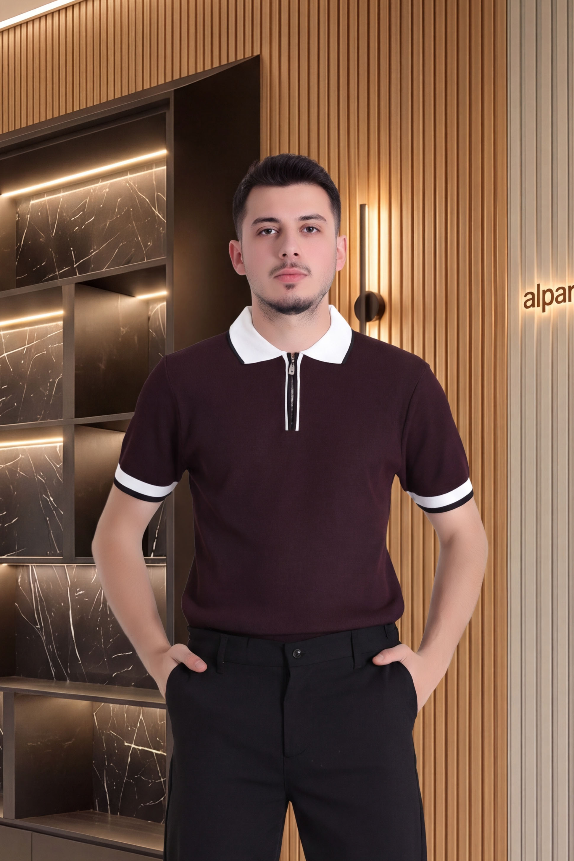 Polo Yaka Fermuarlı Kısa Kollu Erkek Triko Mürdüm