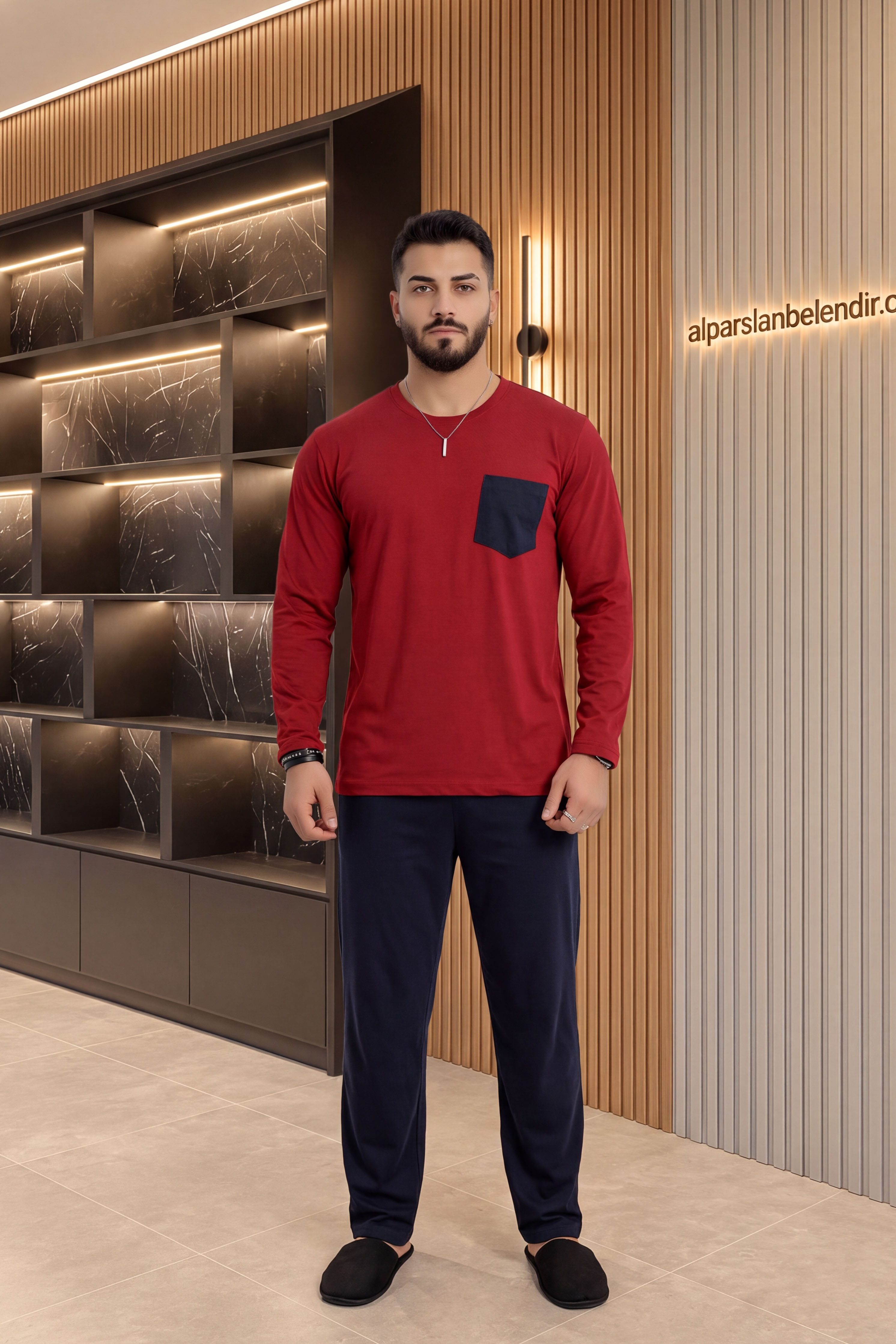 Cep Detay Süprem Erkek Pijama Takımı Bordo