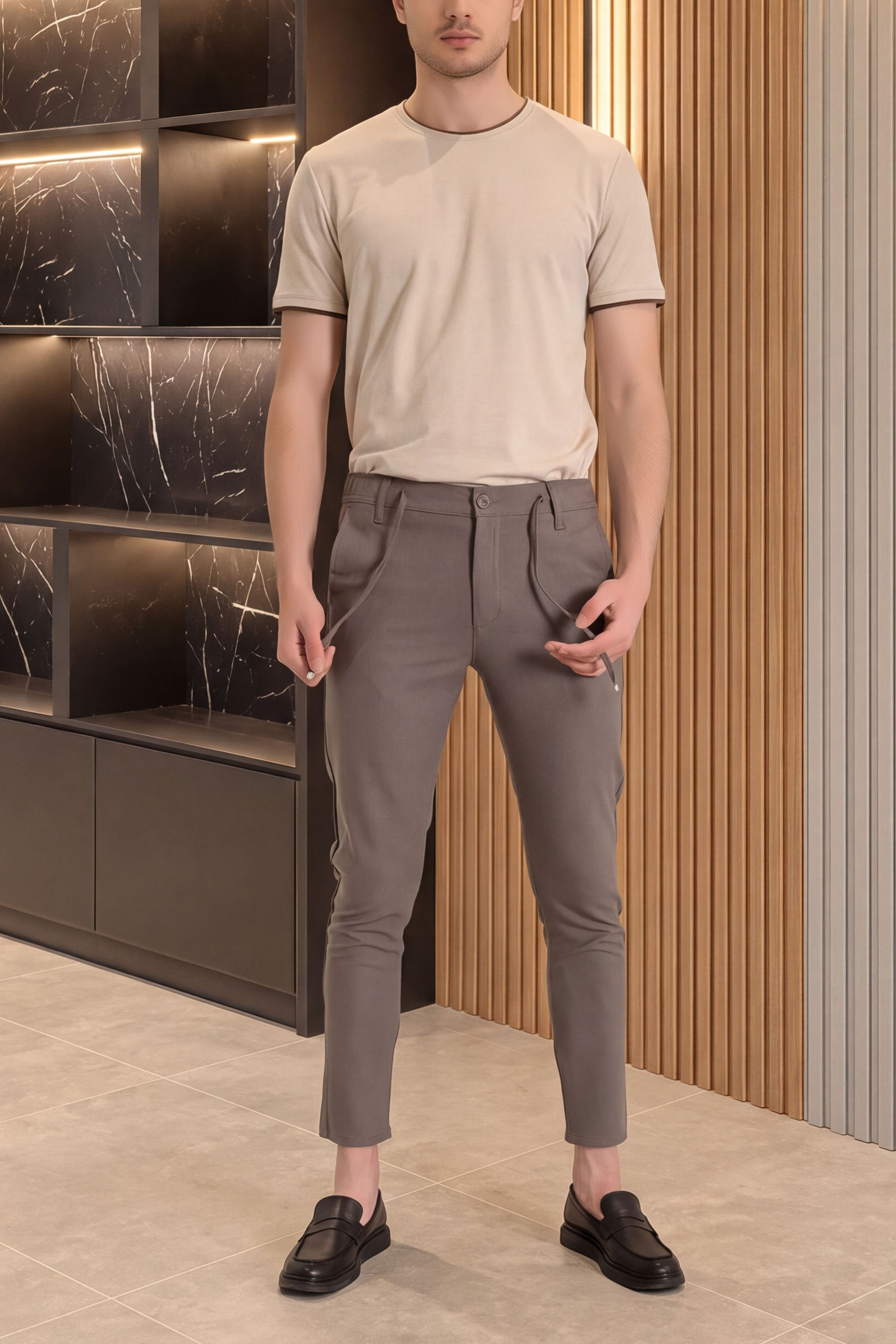 Dokuma Beli Lastikli Erkek Jogger Pantolon Vizon