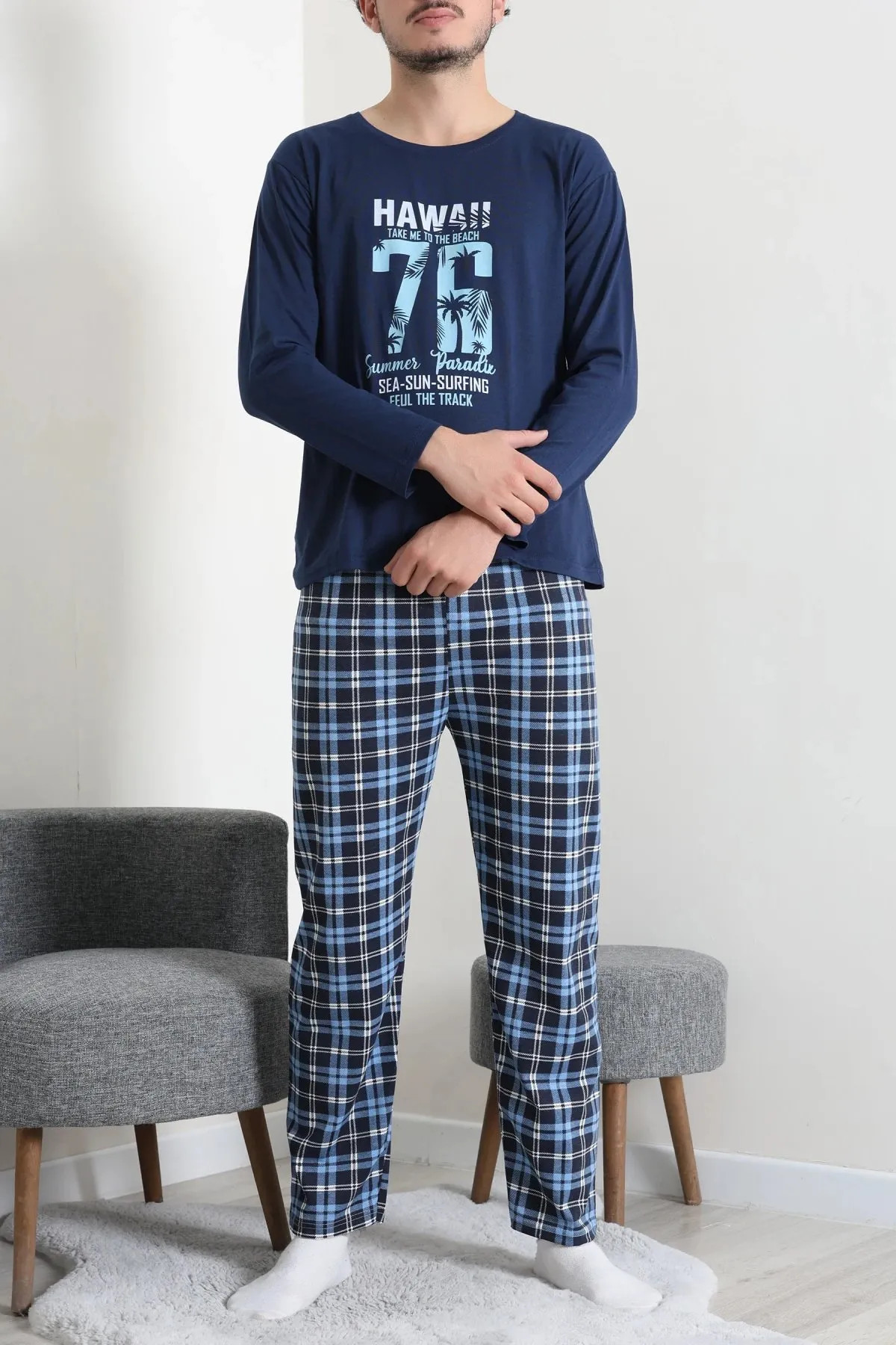 Baskılı Erkek Pijama Takımı İndigo