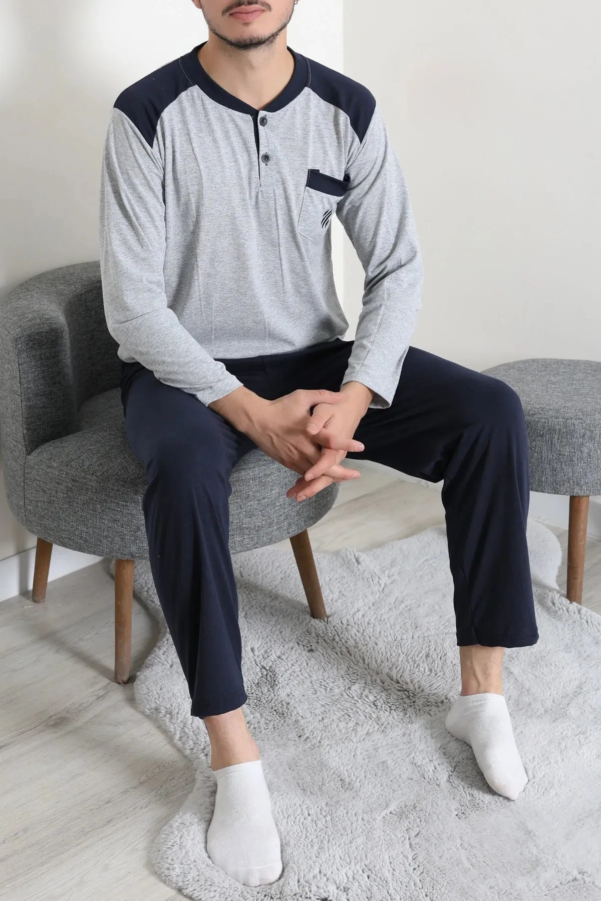Süprem Nakışlı Erkek Pijama Takımı Gri Model TV-96897