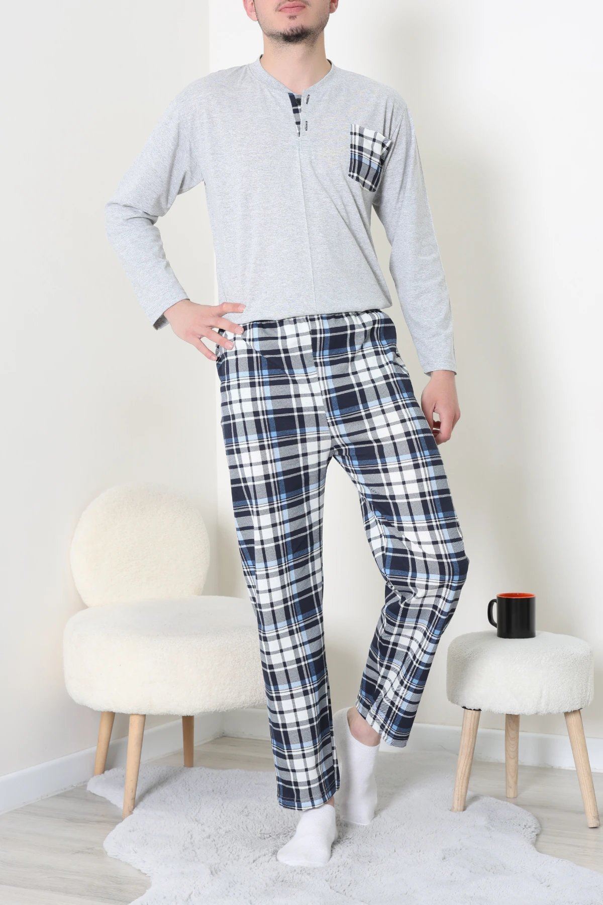 Ekoseli Süprem Erkek Pijama Takımı Gri
