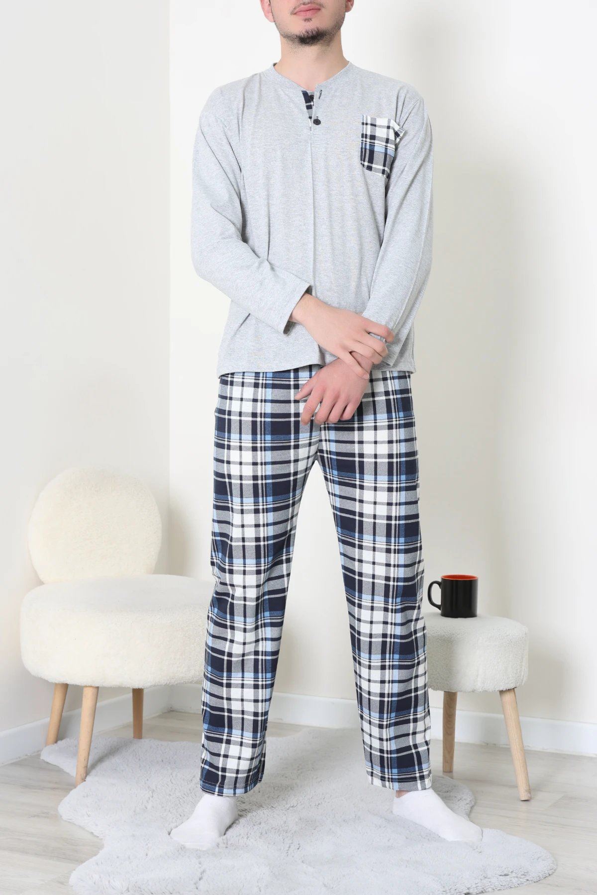 Ekoseli Süprem Erkek Pijama Takımı Gri
