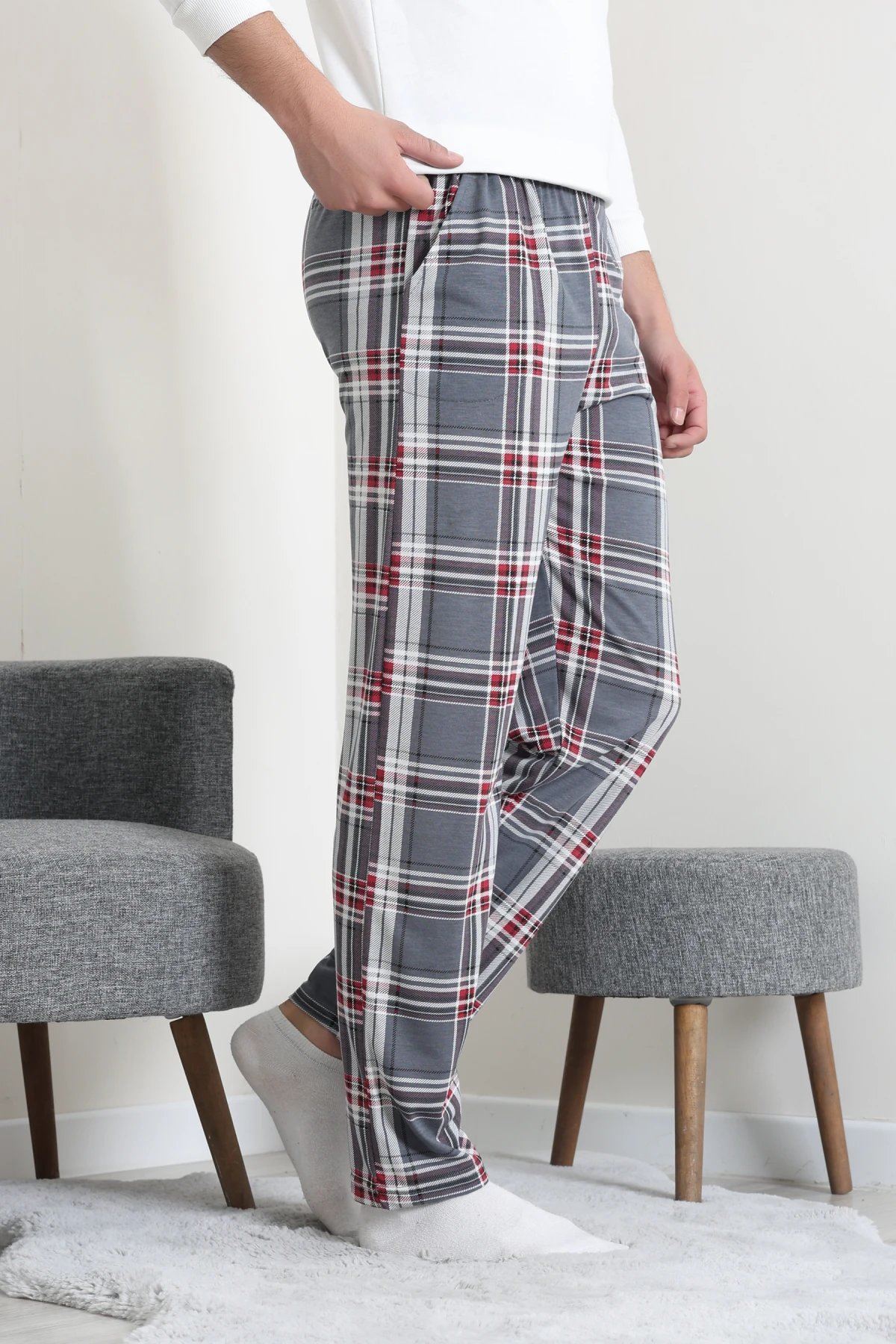 Süprem Cepli Erkek Pijama Altı Gri Kırmızı