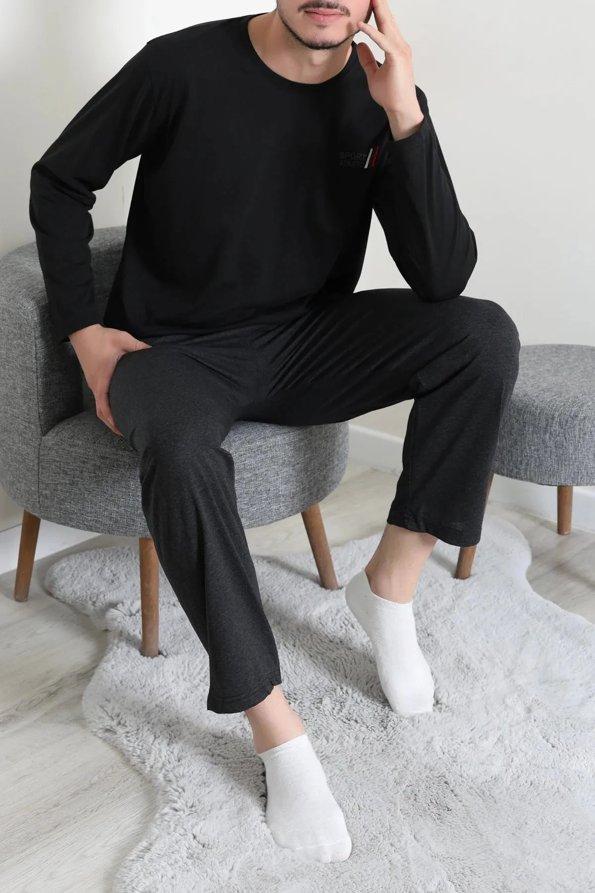 Süprem Nakışlı Erkek Pijama Takımı Siyah
