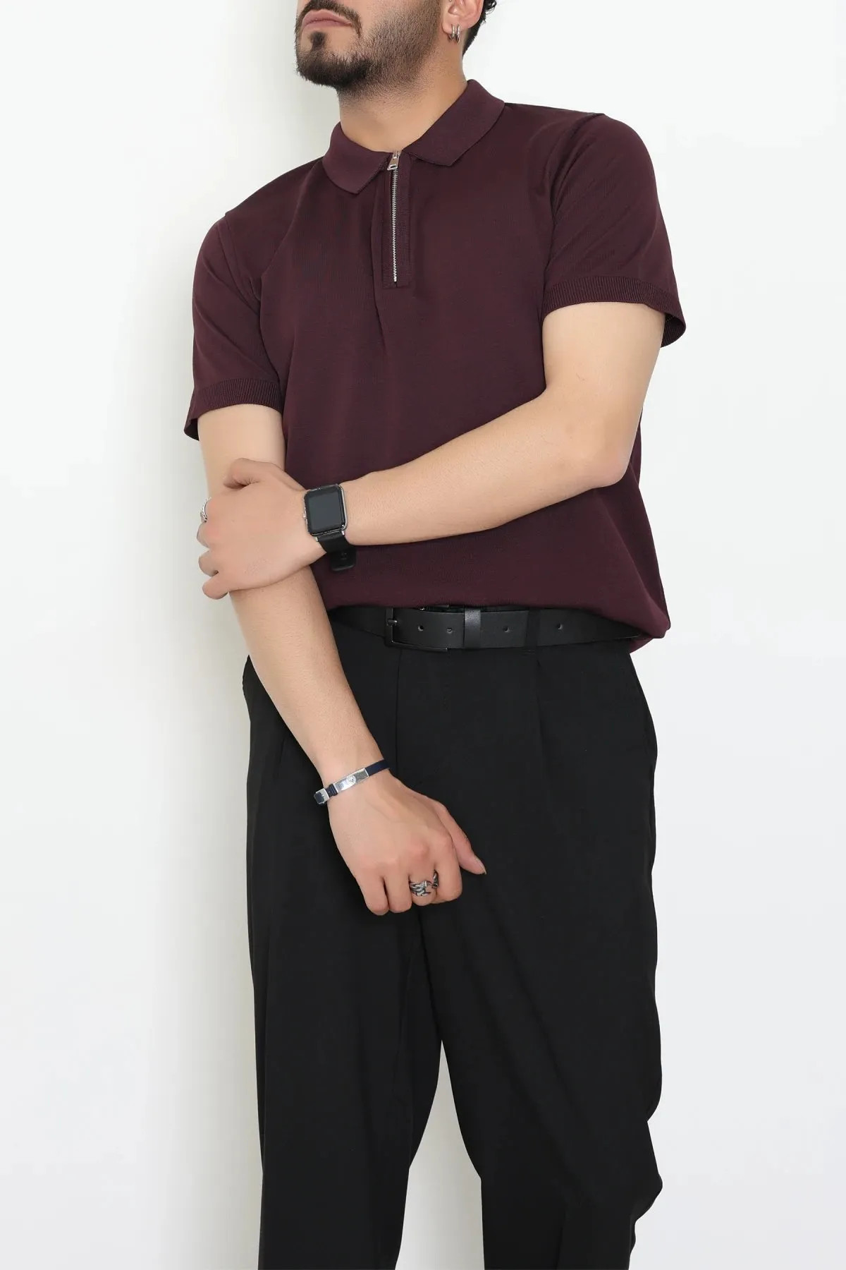 Erkek Premium Fermuarlı Polo Yaka Triko Tişört Mürdüm