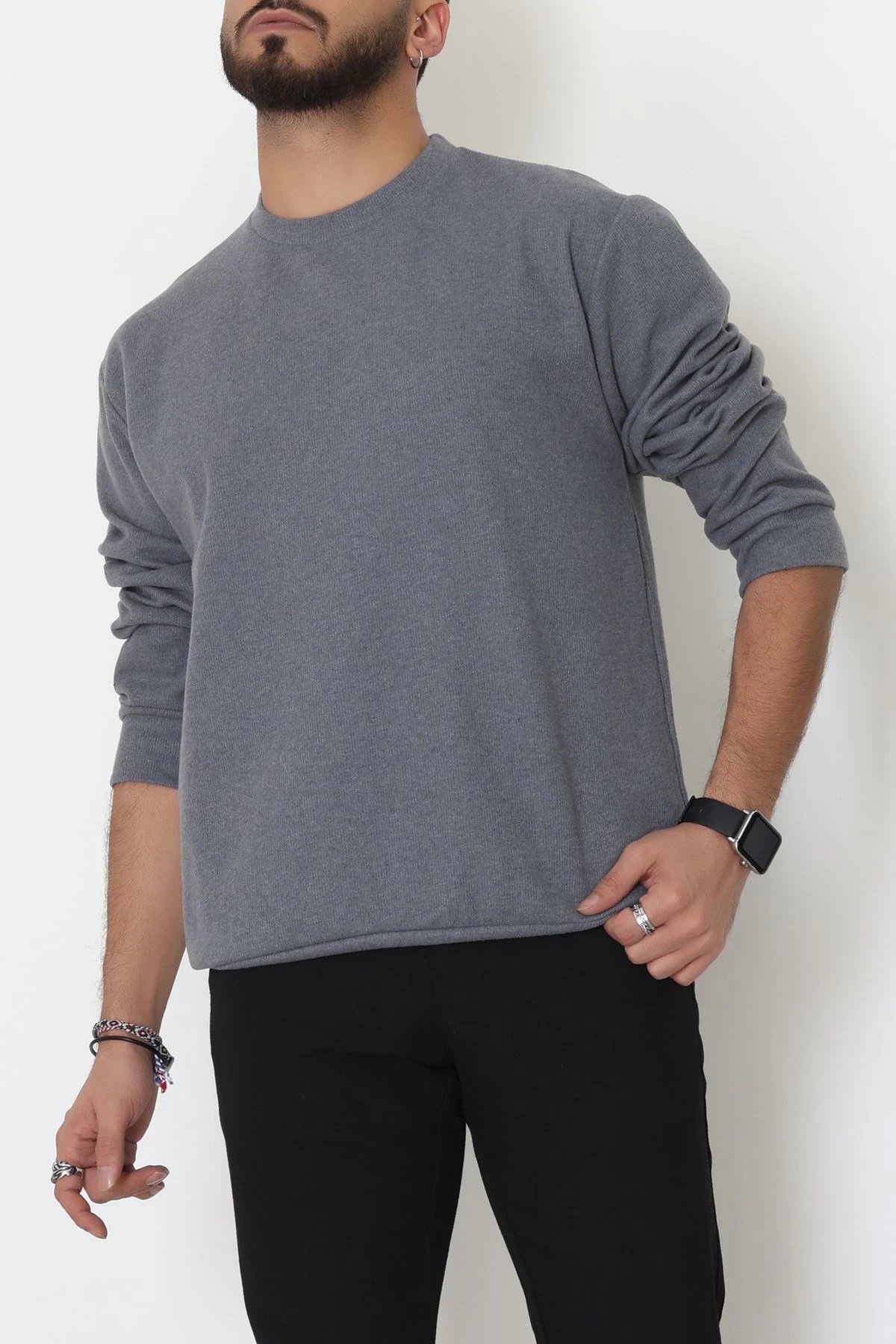 Bisiklet Yaka Selanik Kumaş Erkek Sweat Füme
