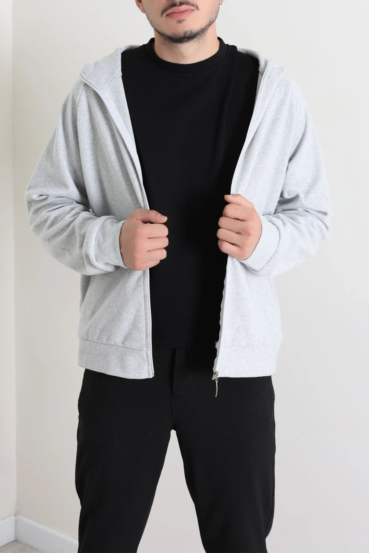 Selanik Kumaş Kapşonlu Erkek Sweat Gri