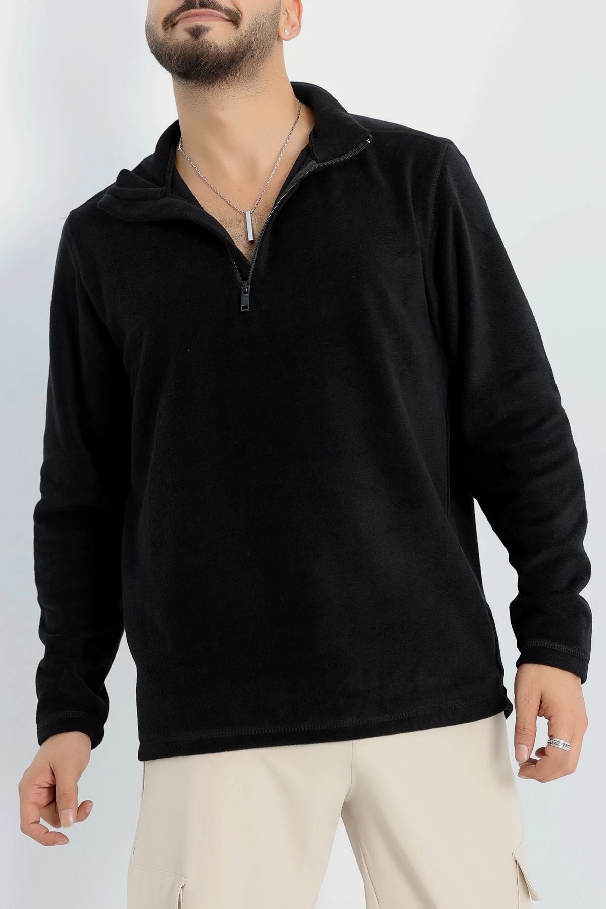 Yarım Fermuar Erkek Polar Sweat Siyah