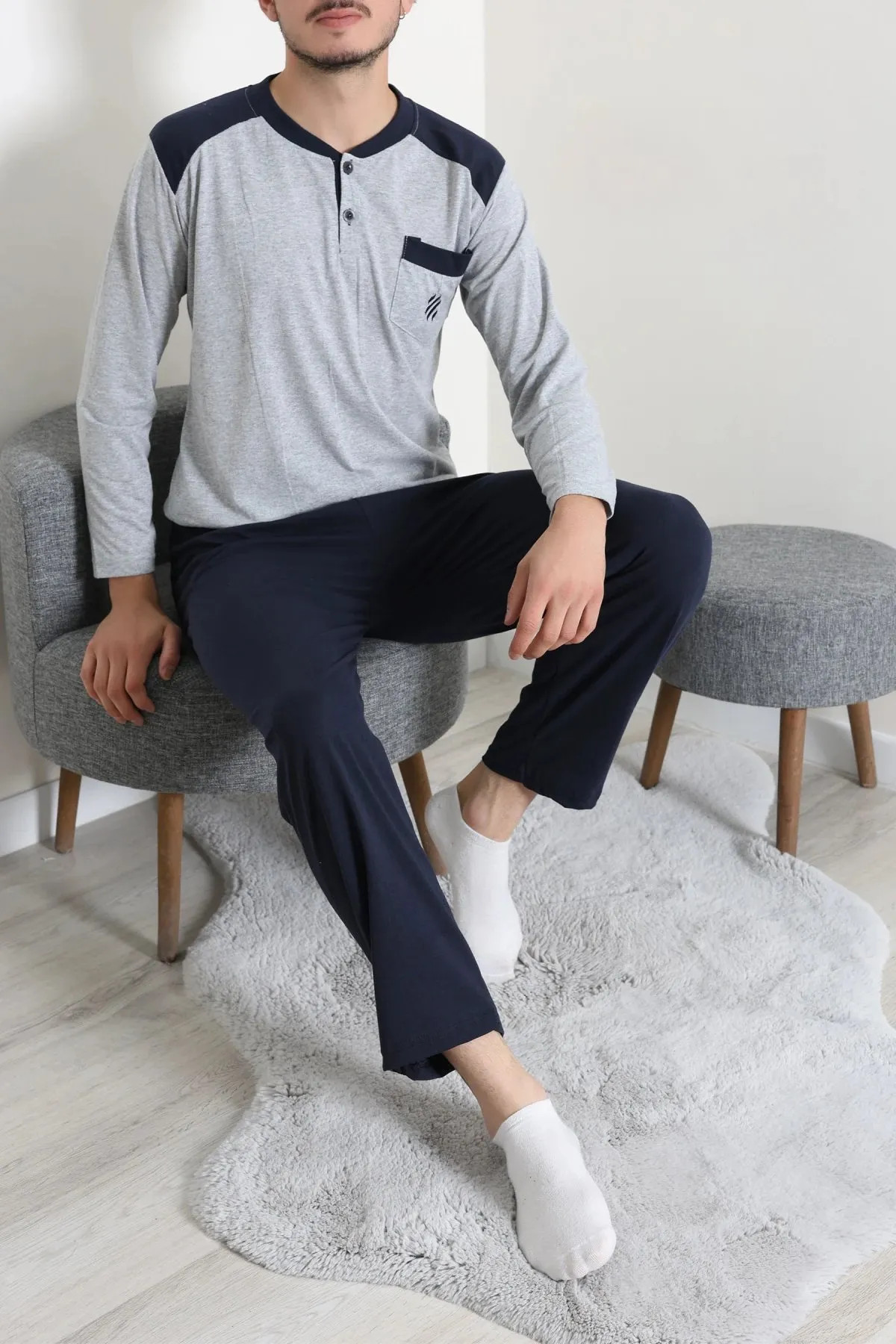 Süprem Nakışlı Erkek Pijama Takımı Gri Model TV-96897