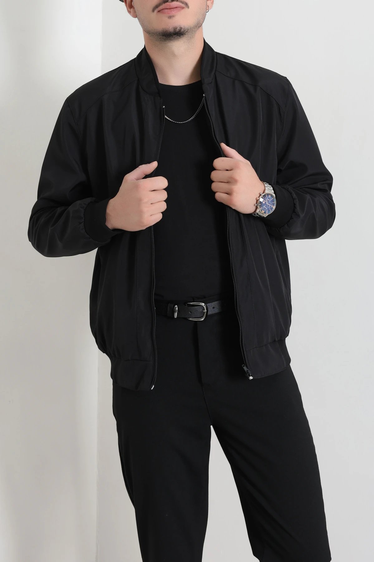 Bondit Dik Yaka Erkek Bomber Ceket Siyah