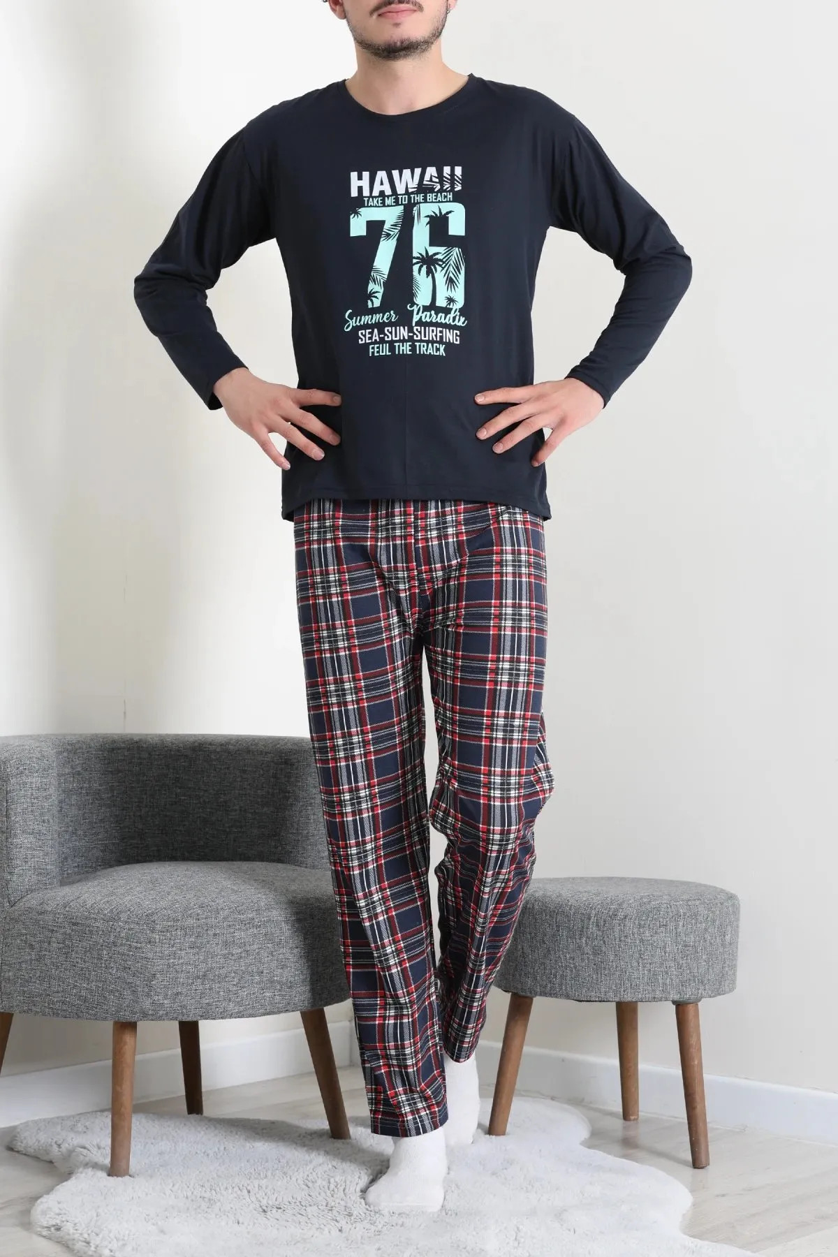 Baskılı Erkek Pijama Takımı Koyulaci