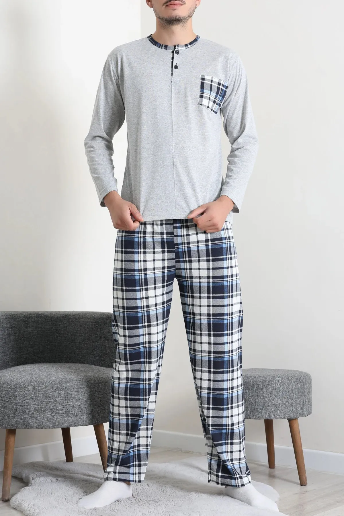 Süprem Patlı Ekose Pijama Takımı Gri