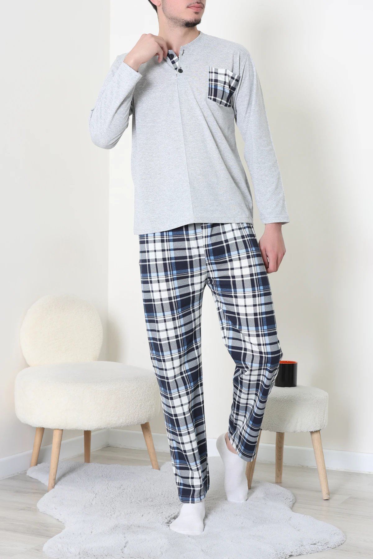 Ekoseli Süprem Erkek Pijama Takımı Gri
