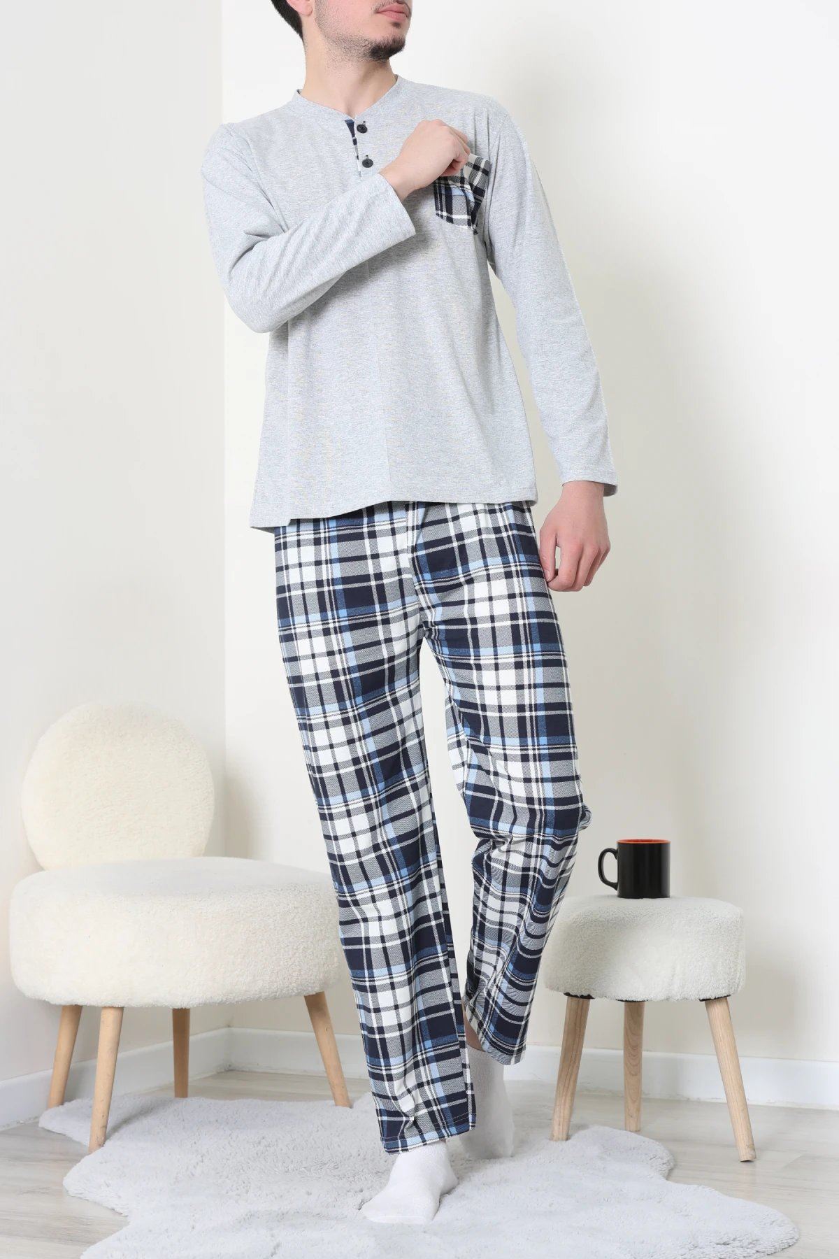 Ekoseli Süprem Erkek Pijama Takımı Gri