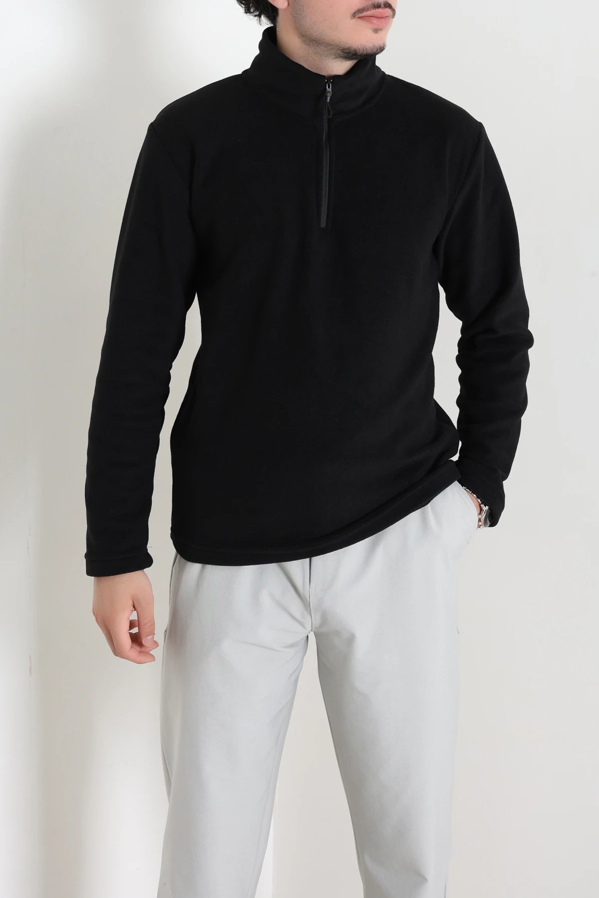 Yarım Fermuarlı Polar Erkek Sweat Siyah