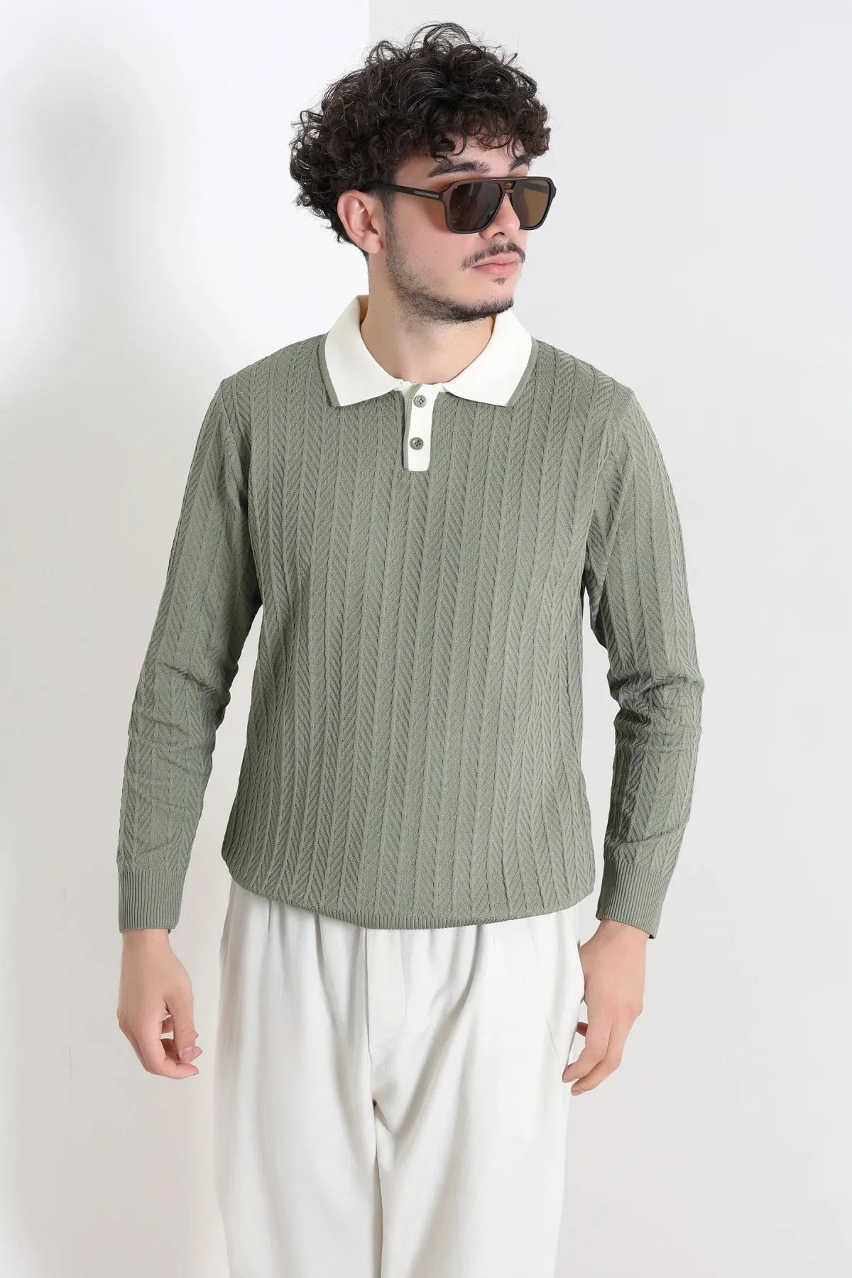 Polo Yaka Düğmeli Erkek Triko Haki
