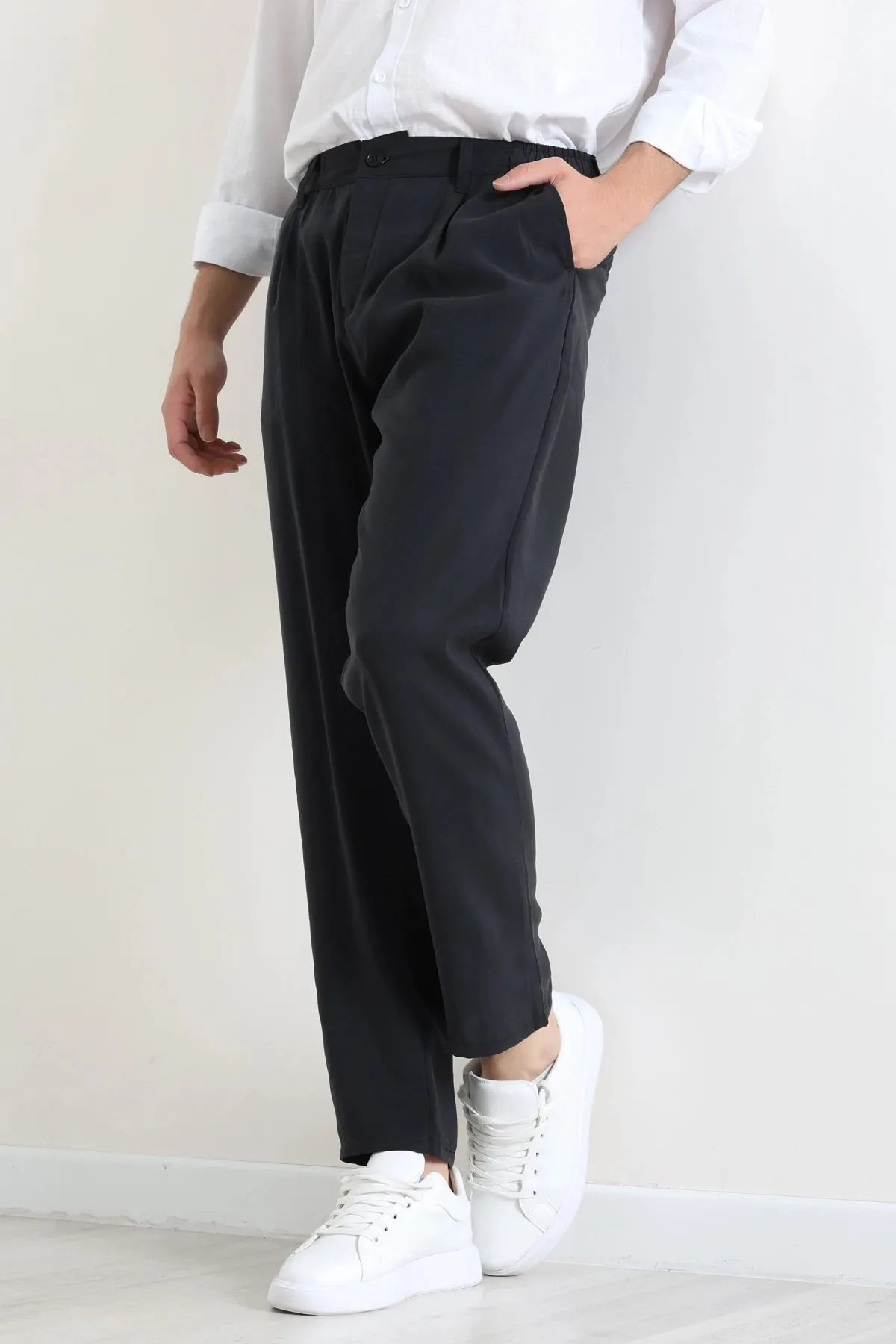 Erkek Modal Baggy Beli Lastikli Pantolon Siyah