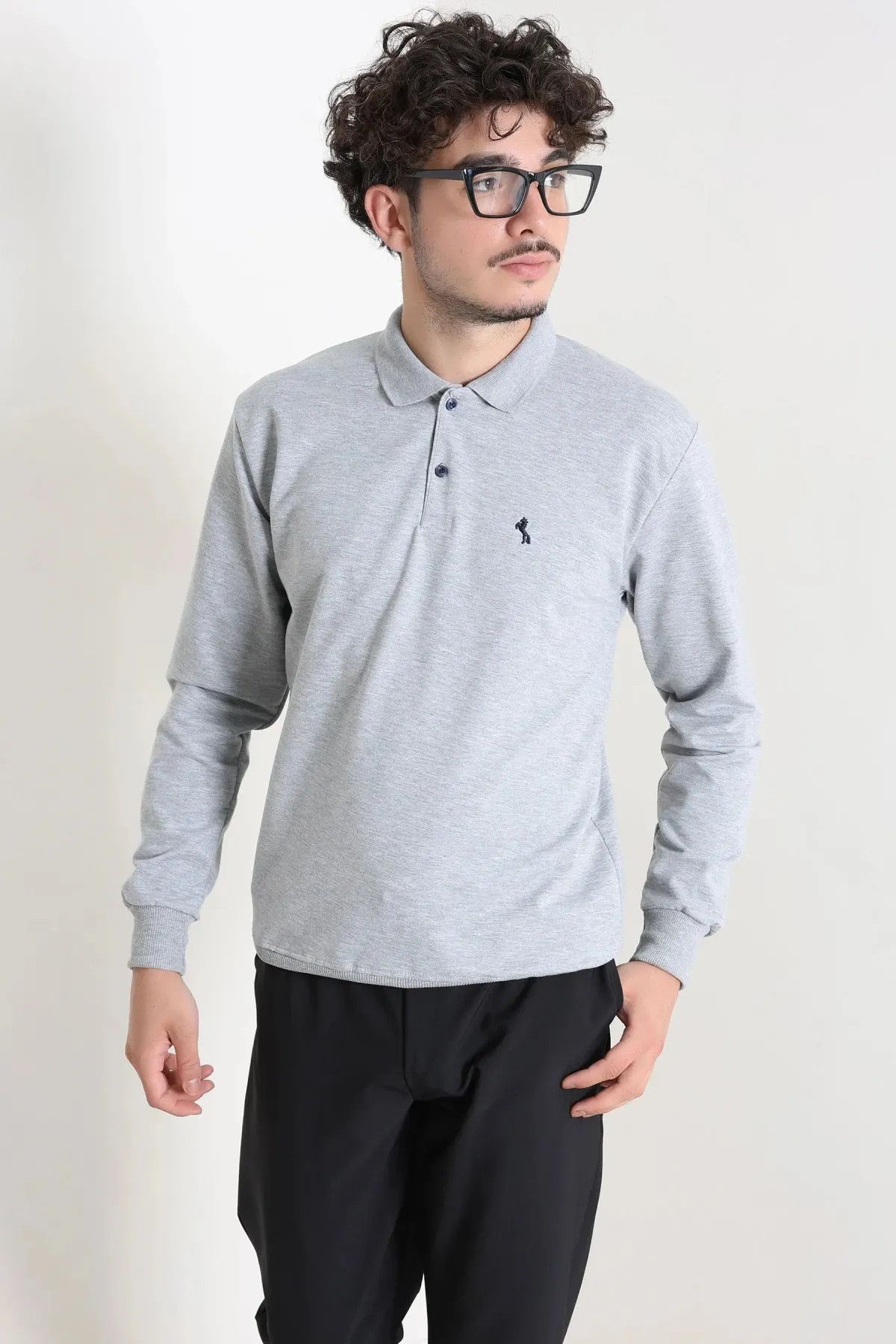 2 İplik Likralı Polo Yaka Erkek Sweat Gri