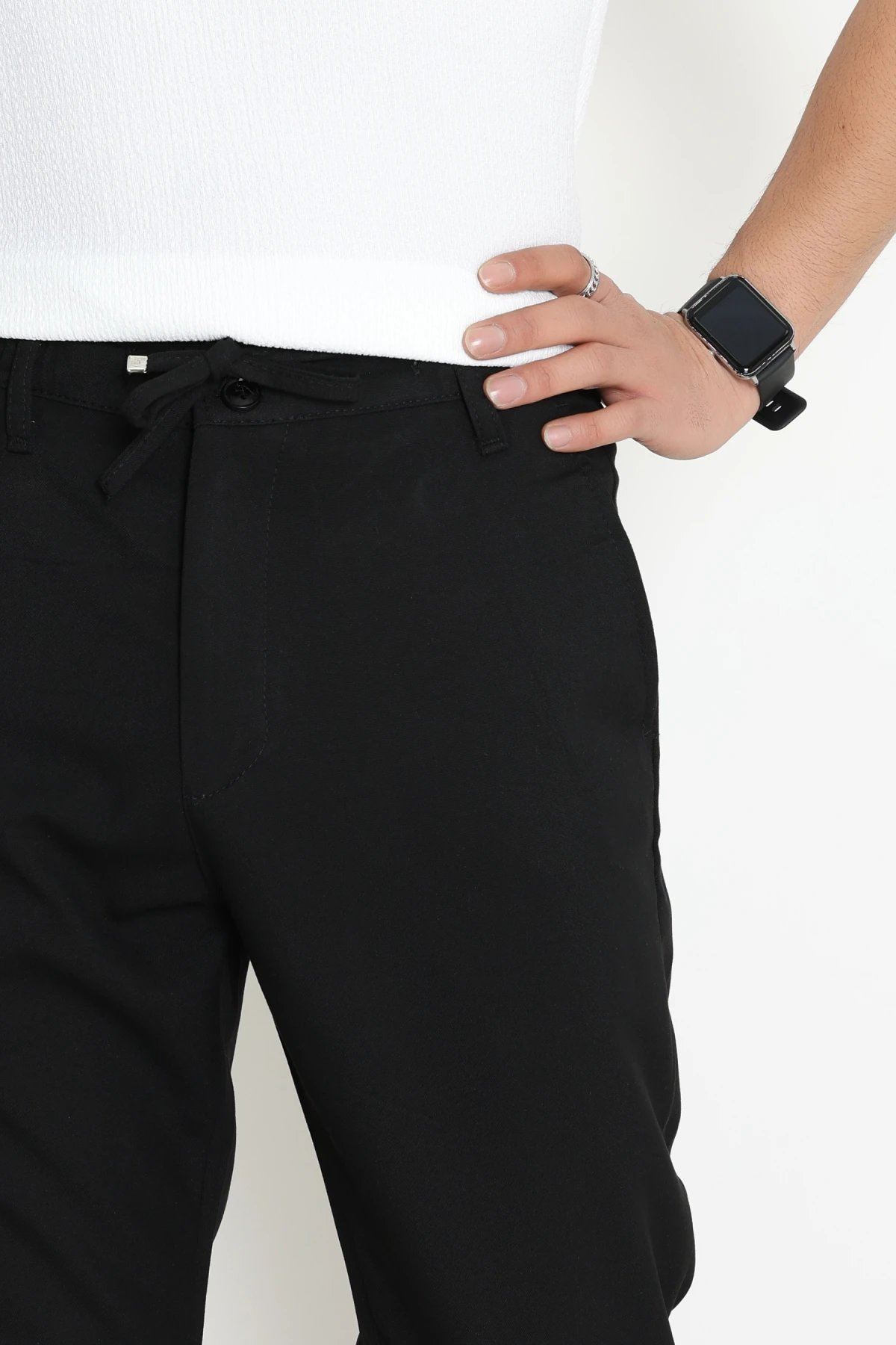 Dokuma Beli Lastikli Erkek Jogger Pantolon  Siyah