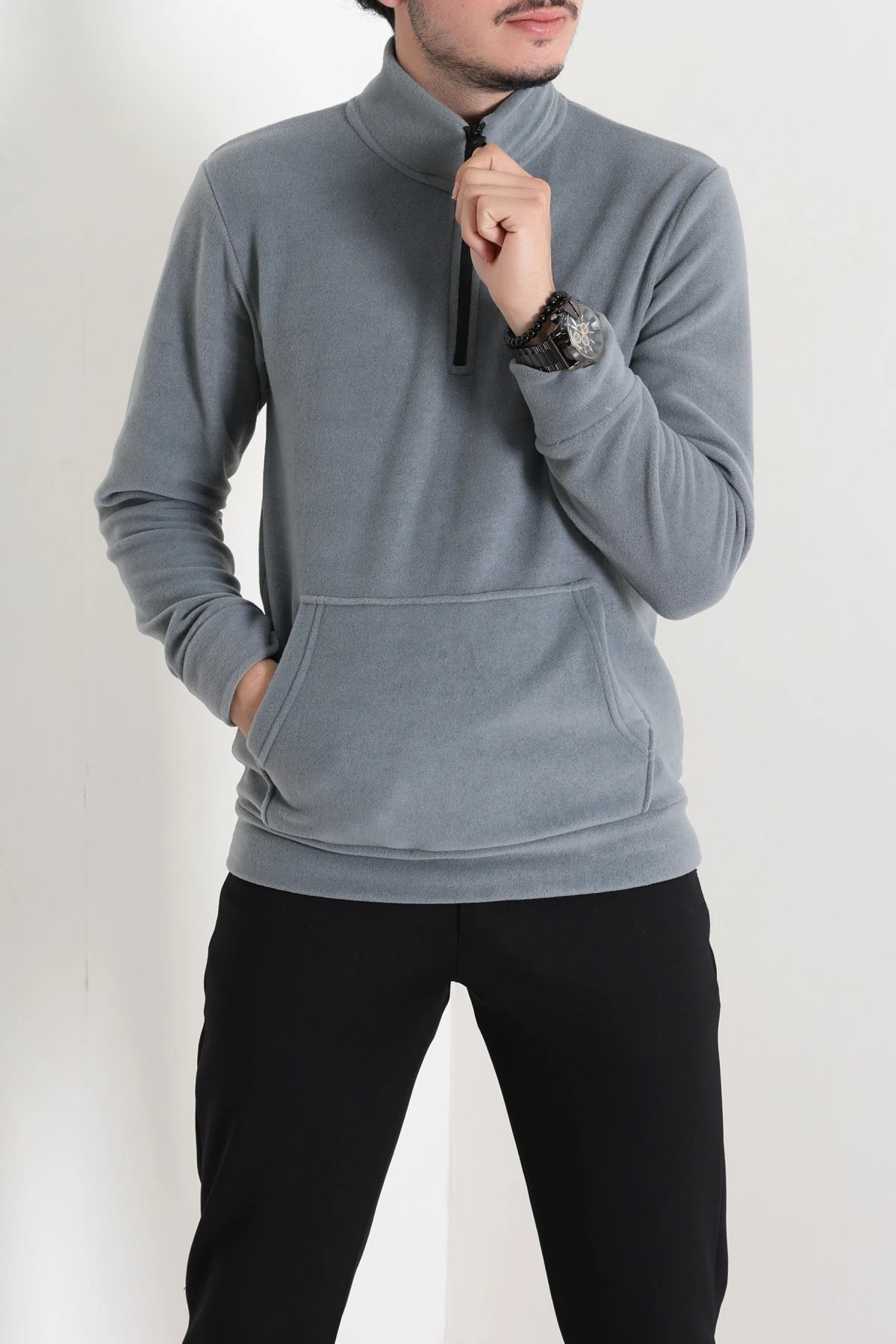 Yarım Fermuar Kanguru Cepli Erkek Polar Sweat Füme