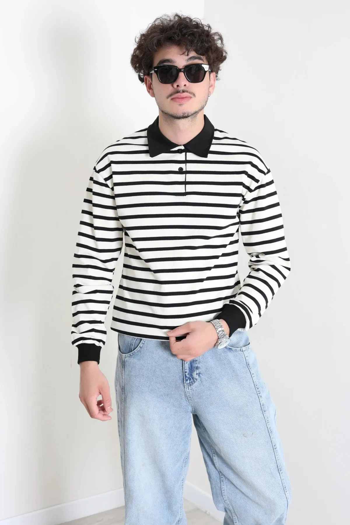 Polo Yaka Çizgili İnterlok Erkek Sweat Ekrusiyah