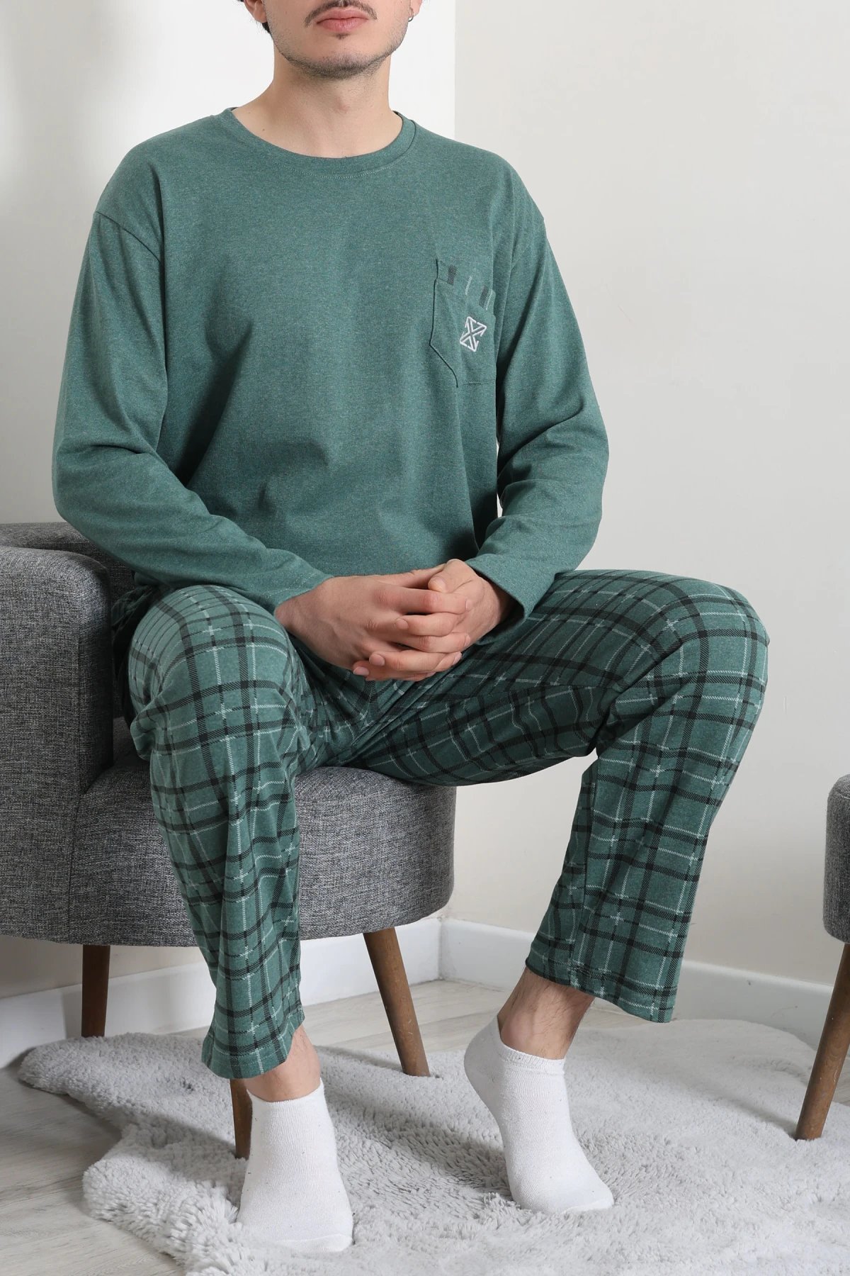 Süprem Ekose Bisiklet Yak Uzun Kol Cepli Erkek Pijama Takımı Yeşil