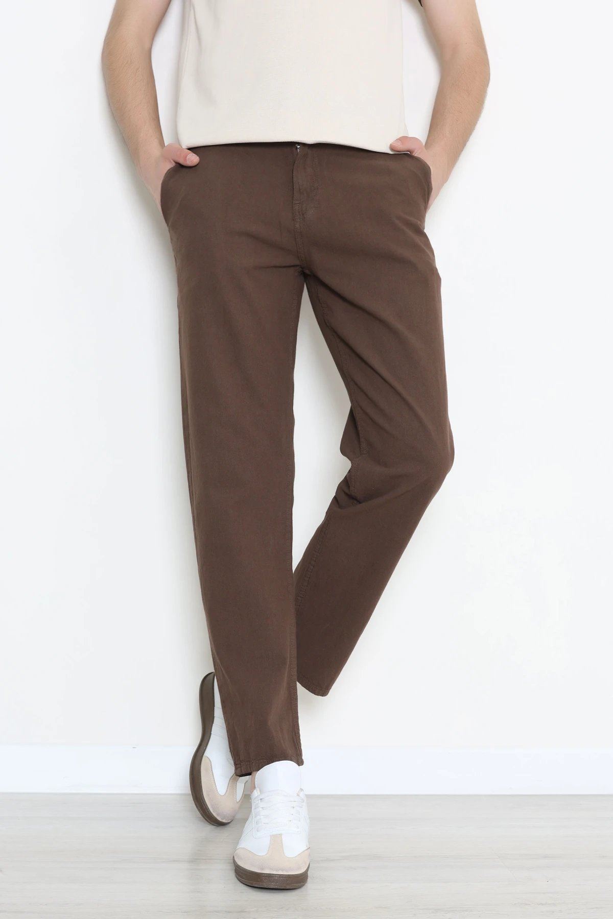 Regular Fit Keten Erkek Pantolon Kahve