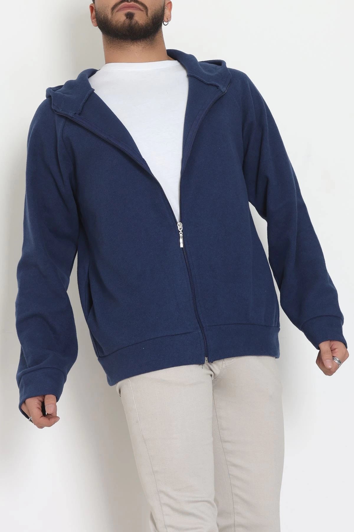 Selanik Kumaş Kapşonlu Erkek Sweat Lacivert