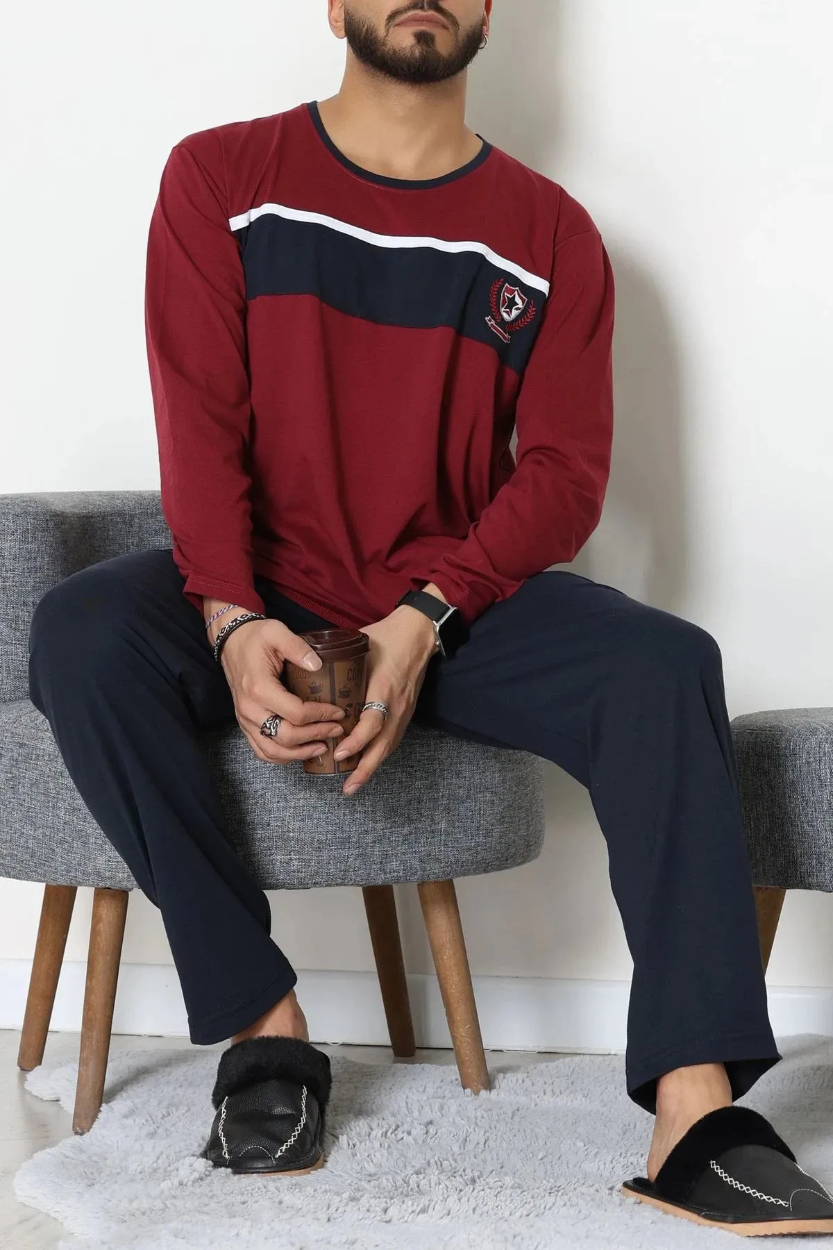 Süprem Baskılı Erkek Pijama Takımı Bordo