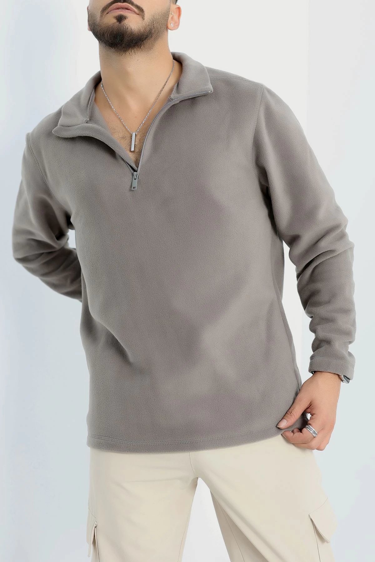 Yarım Fermuar Erkek Polar Sweat Füme