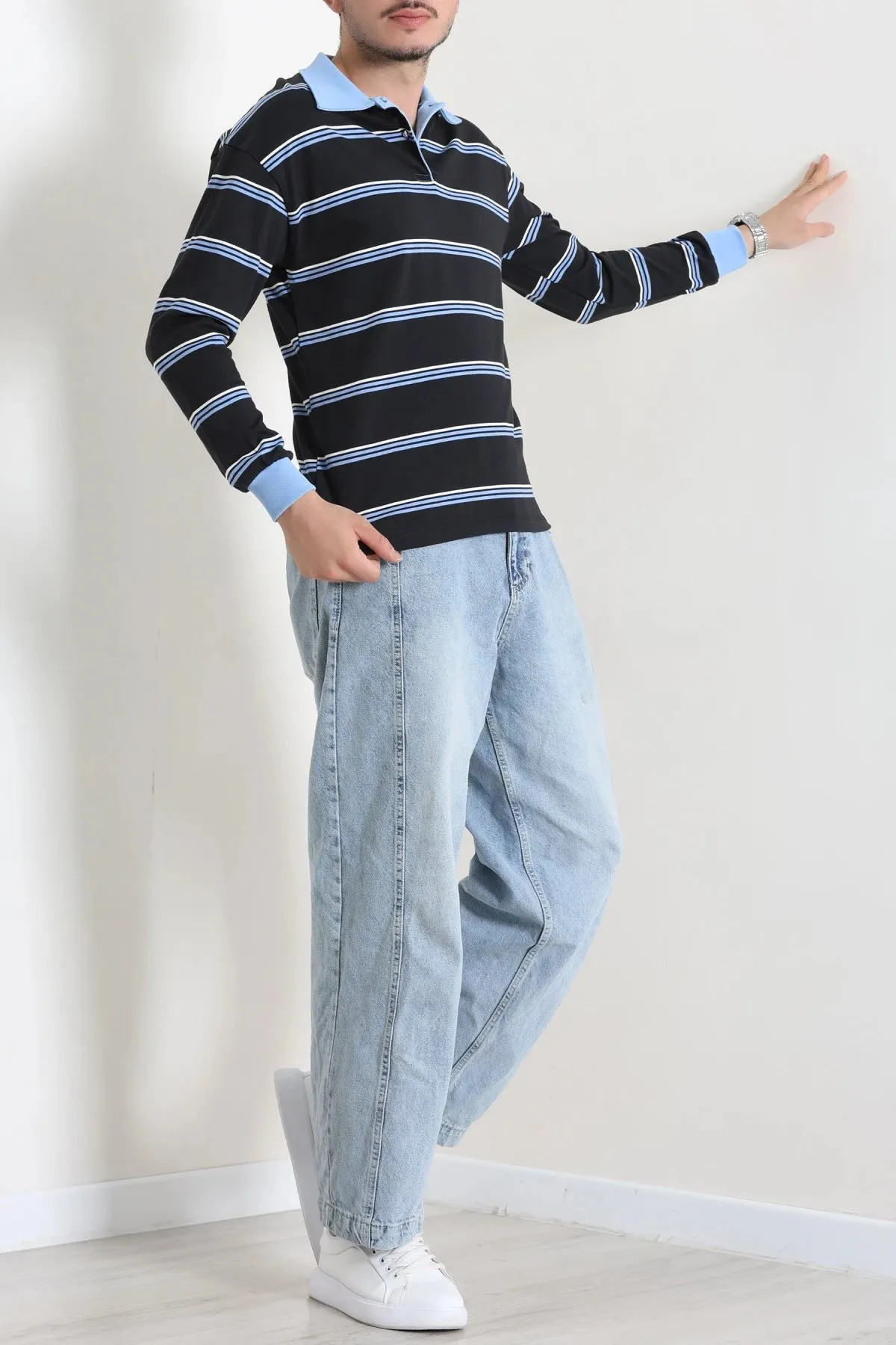 Polo Yaka Çizgili İnterlok Erkek Sweat Lacibeyaz