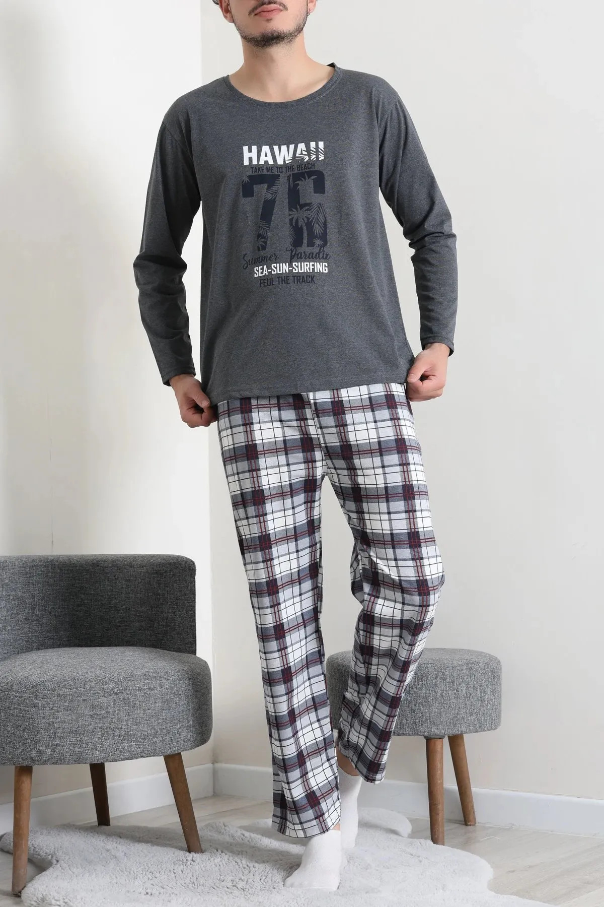 Baskılı Erkek Pijama Takımı Füme