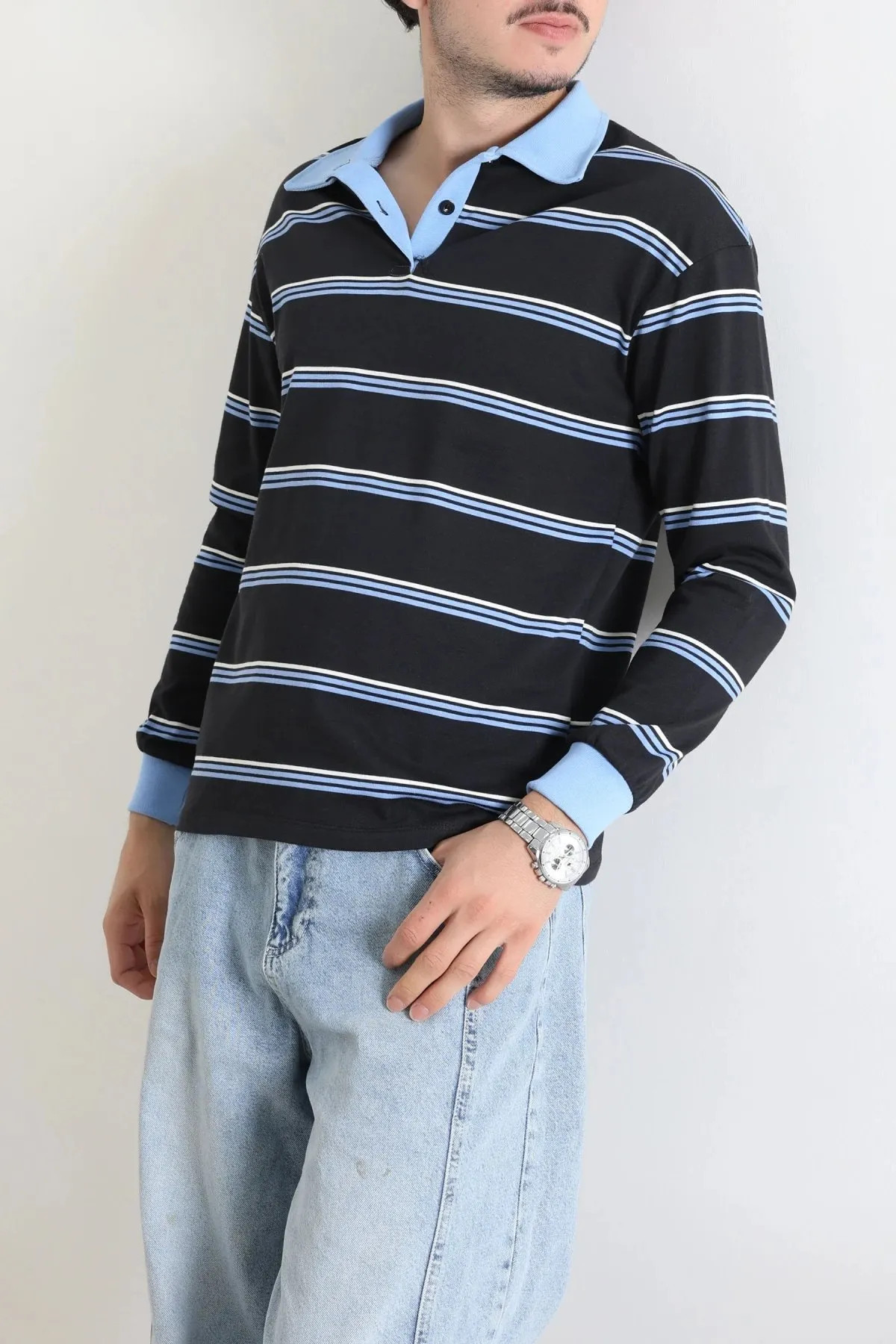 Polo Yaka Çizgili İnterlok Erkek Sweat Lacivertsarı