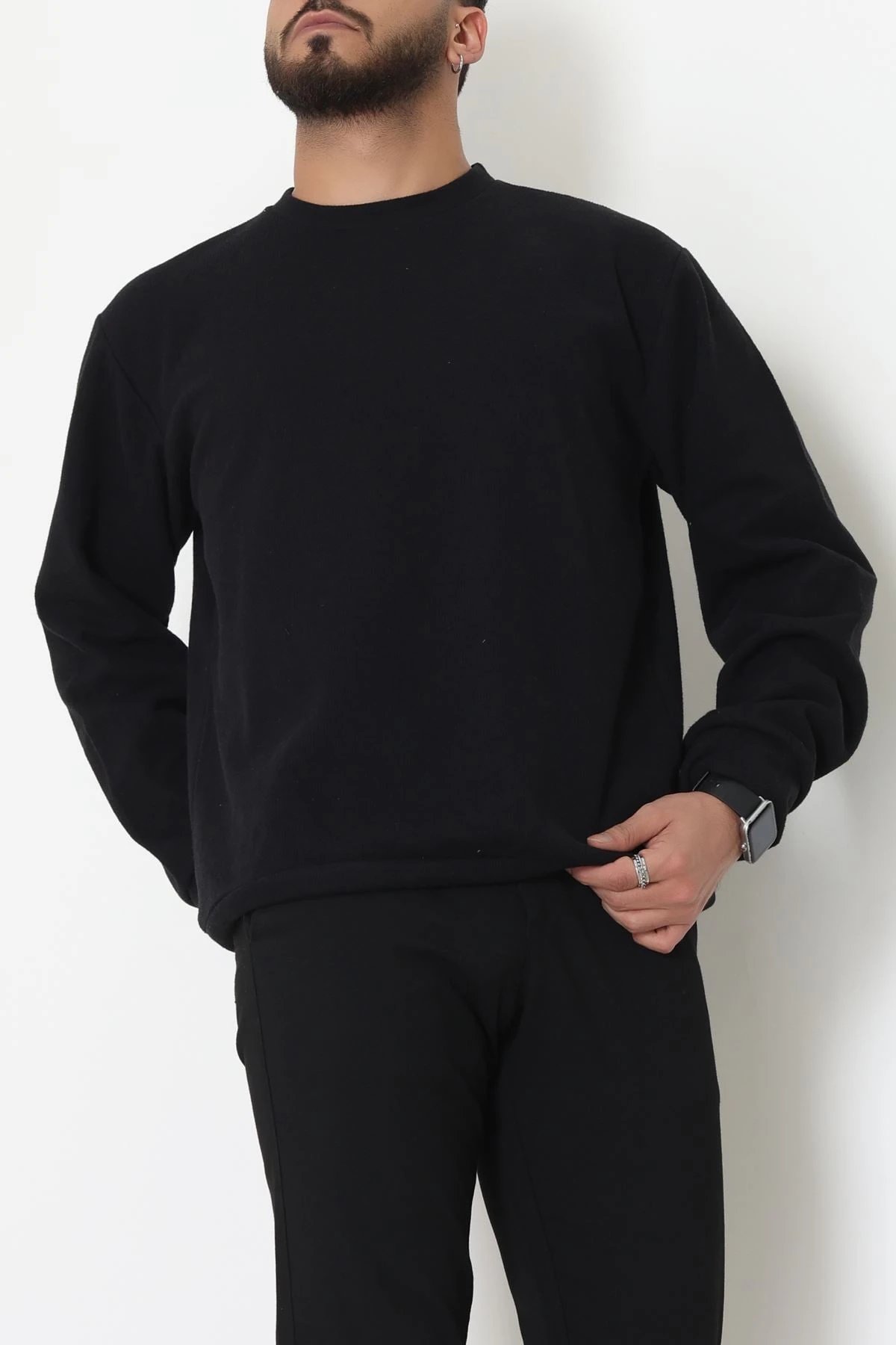 Bisiklet Yaka Selanik Kumaş Erkek Sweat Siyah