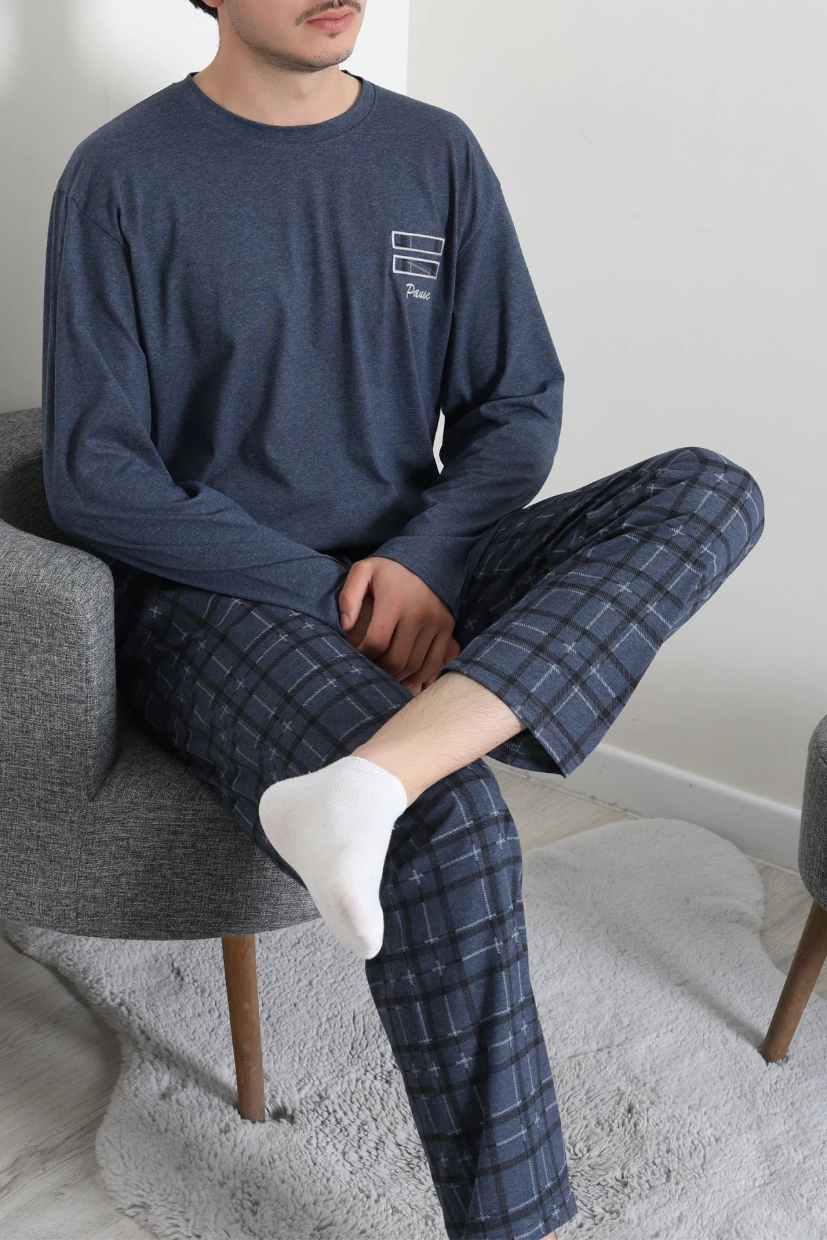 Süprem Ekose Bisiklet Yak Uzun Kol Cepli Erkek Pijama Takımı Koyumavi